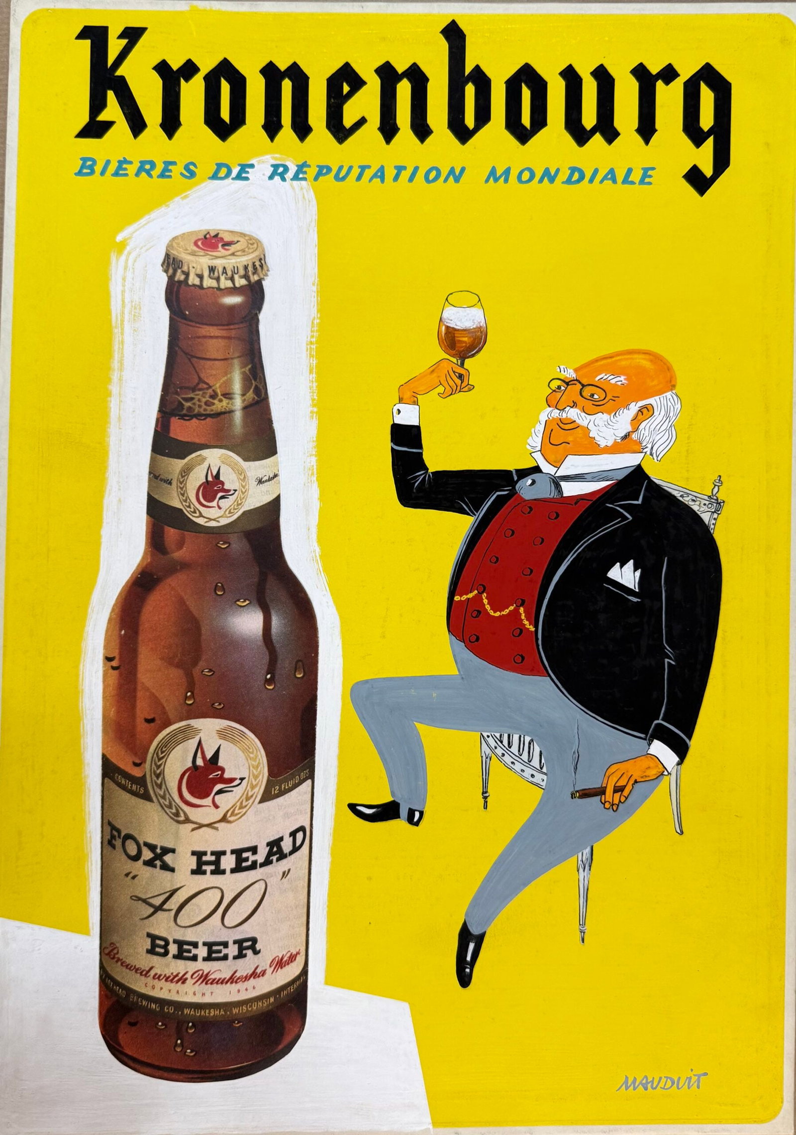 P. Mauduit : Kronembourg, C. 1950: P. Mauduit (XX) Kronembourg, C. 1950 Original advertising mock-up for the Kronembourg brand Hand signed by the artist Dimensions: + Size of the sheet: 40 x 28,5 cm / 5.75 × 11.22 in Original gouache 