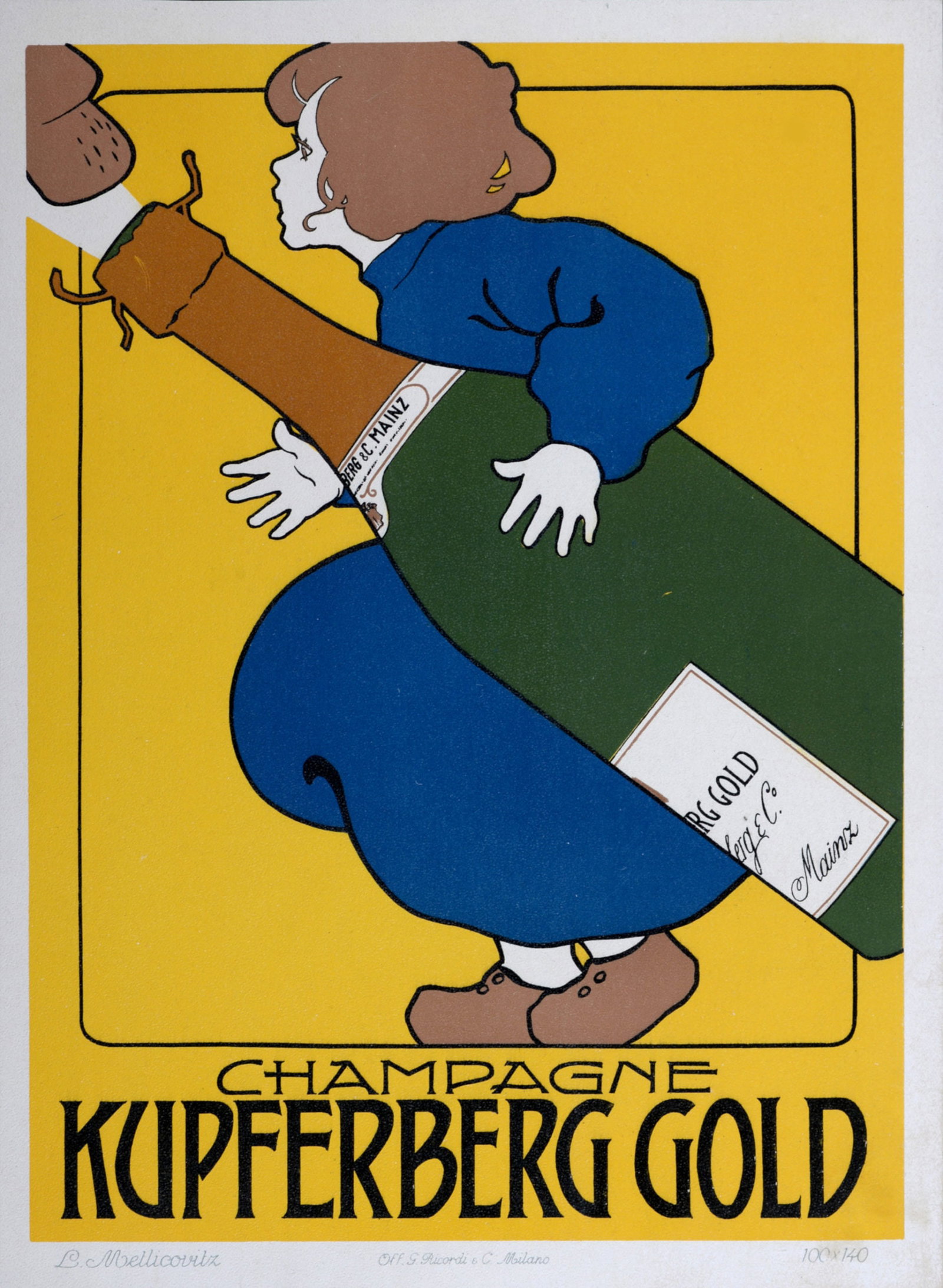 Leopoldo Metlicovitz - Champagne Kupferberg Gold, 1914: Leopoldo Metlicovitz (1868-1944) Champagne Kupferberg Gold, 1914 Lithograph on thick paper. Scarce lithograph from the iconic portfolio Ricordi! Dimensions: +Size of the sheet: 29 x 21 cm / 14,4 x 8,2