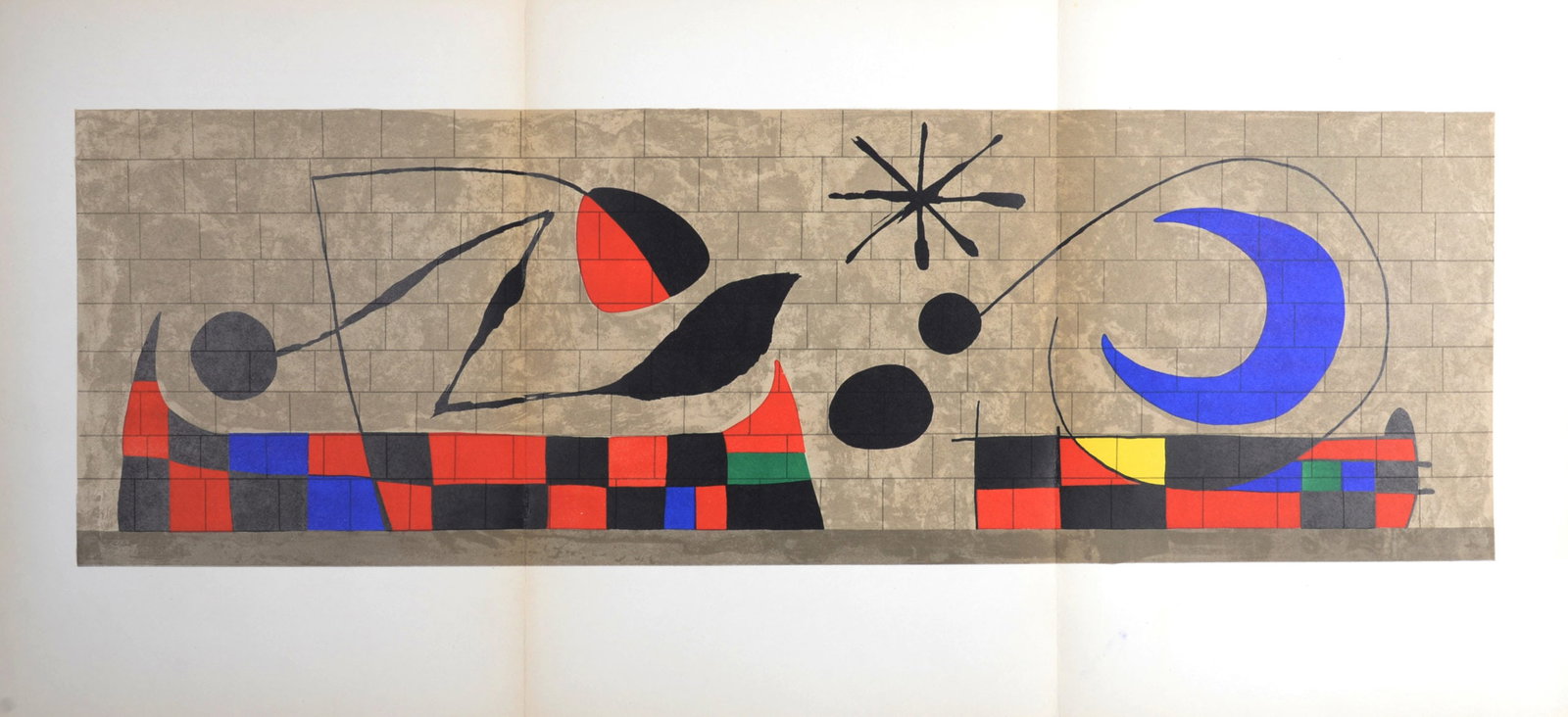 Joan Miro : Mur de la Lune, 1958: Joan Miro (1893-1983) Mur de la Lune, 1958 Lithograph on wove paper on three pages. Unsigned. Dimensions : + Size of the sheet: 38 x 83 cm / 14,9 x 32,7 in. This is Miro's design for the ceramic wall 