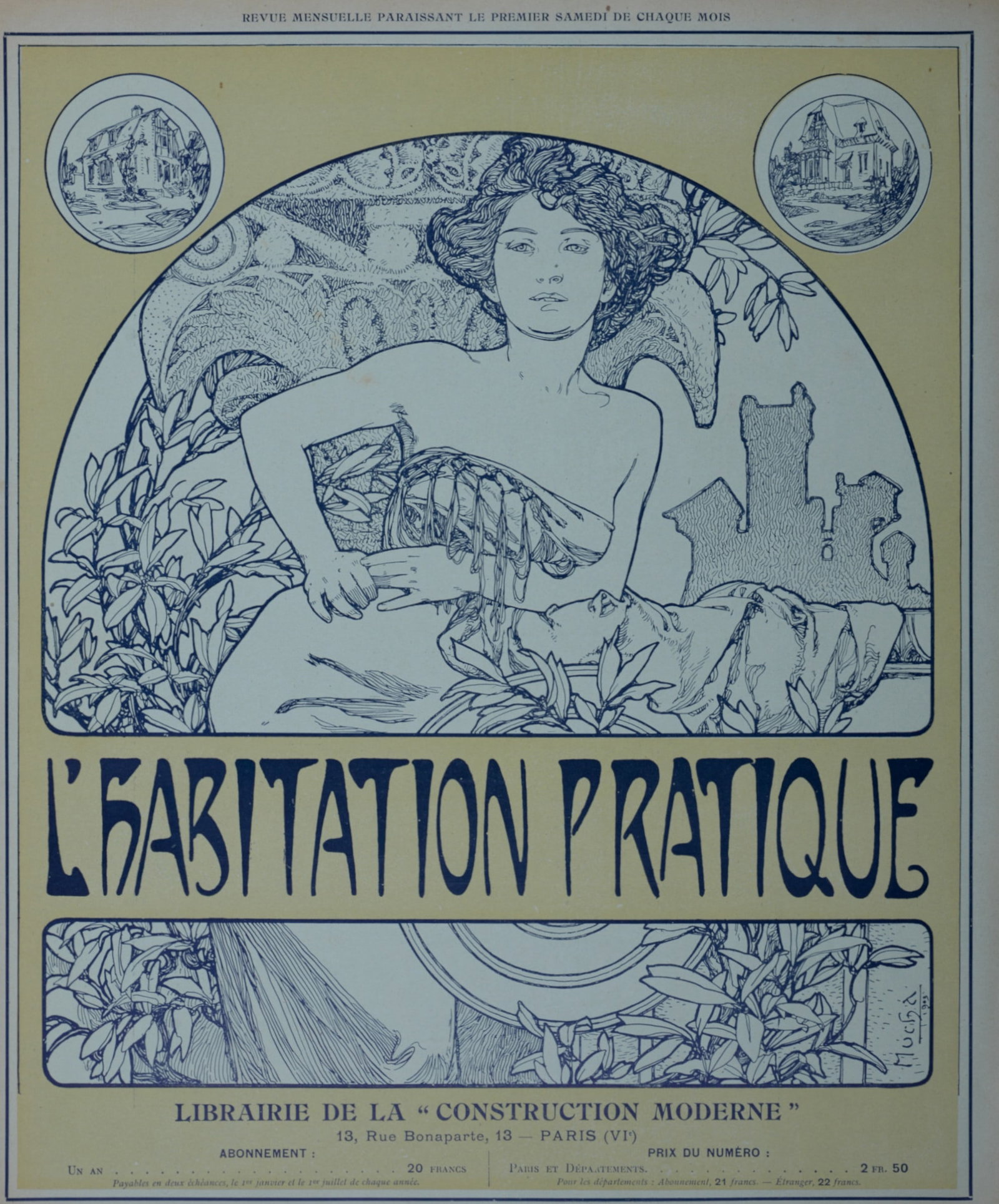 Alphonse Mucha : L'Habitation Pratique, 1906: Alphonse Mucha L'Habitation Pratique, 1906 Original cover lithograph on paper from "L'Habitation Pratique" issue. Signed on the plate lower right margin. Please note that the number of the issue, the 
