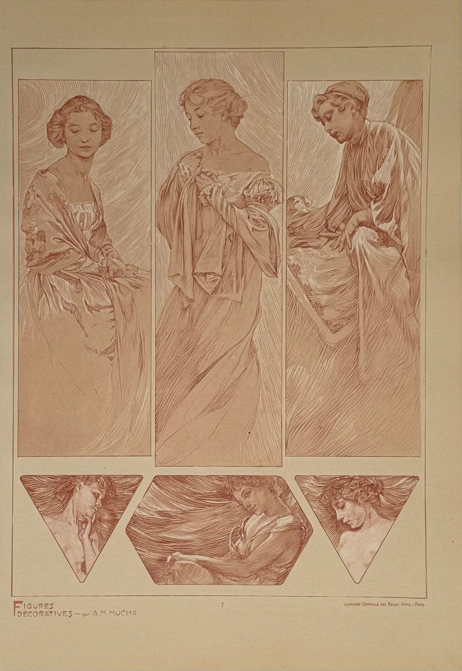 Alphonse Mucha : Figures decoratives, 1902 pl. 7: Alphonse MuchaFigures decoratives, Pl. 7, c. 1902 Lithograph on thick paper Dimensions : Sheet size: 45 × 33 cm (17 2/3 × 13 in.) Edited by Gabriel Mourey. Paris: Librairie Centrale des Beaux-Arts S