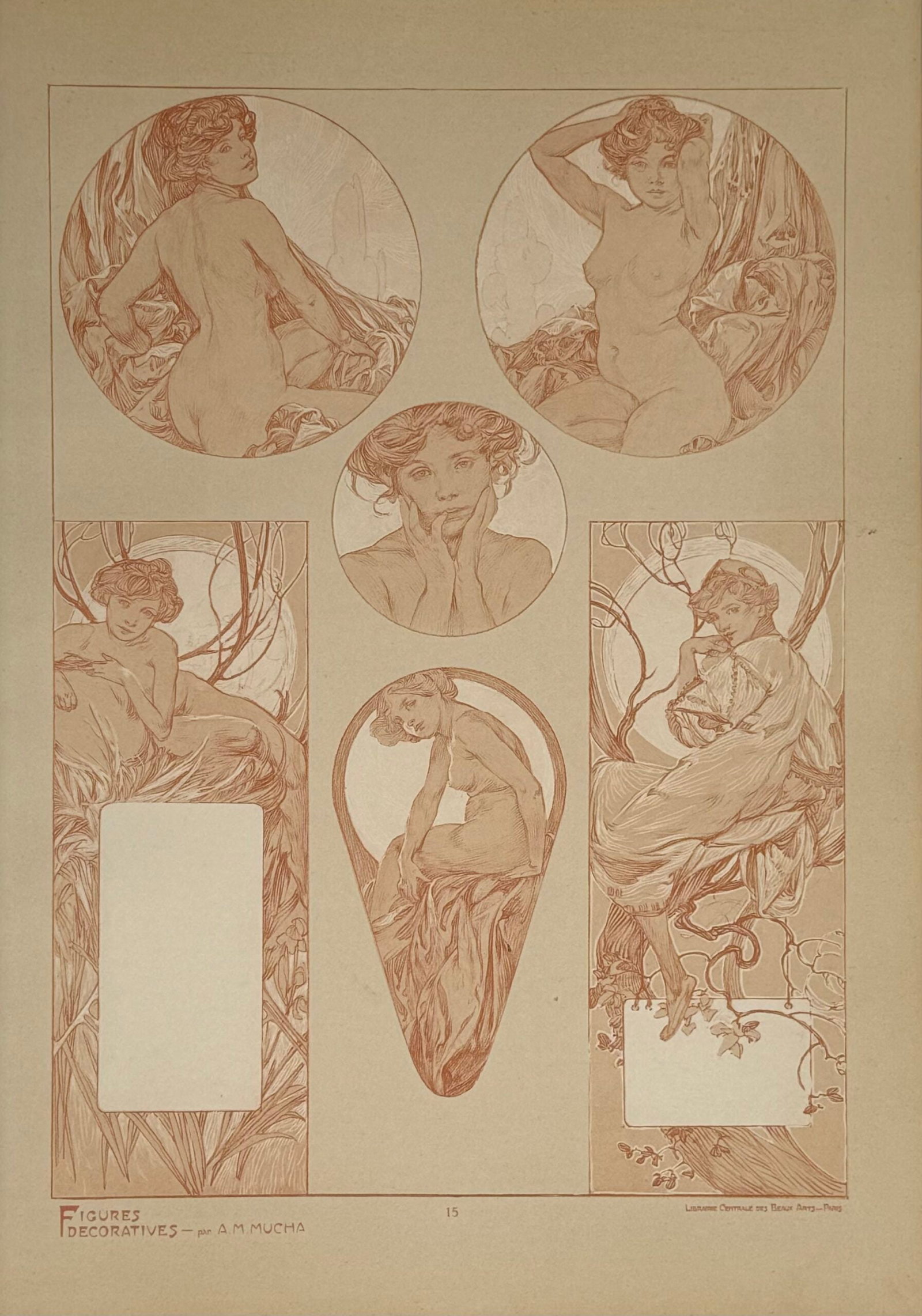 Alphonse Mucha : Figures decoratives, 1902 pl. 15: Alphonse MuchaFigures decoratives, Pl. 15, c. 1902 Lithograph on thick paper Dimensions : Sheet size: 45 × 33 cm (17 2/3 × 13 in.) Edited by Gabriel Mourey. Paris: Librairie Centrale des Beaux-Arts 