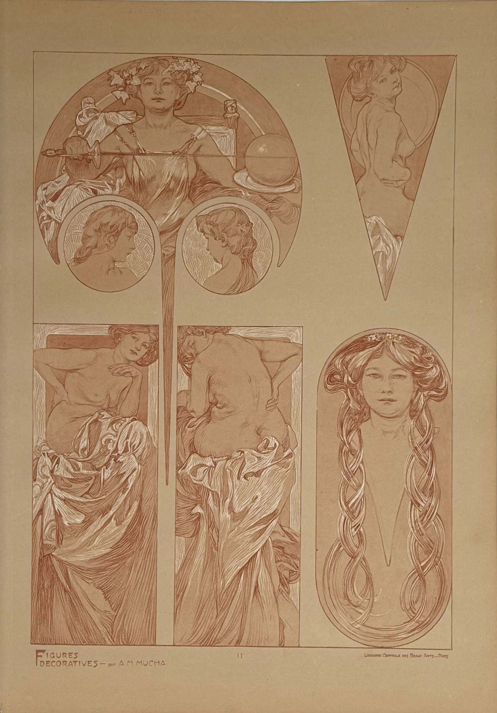 Alphonse Mucha : Figures decoratives, 1902 pl.11: Alphonse MuchaFigures decoratives, Pl.11, c. 1902 Lithograph on thick paper Dimensions : Sheet size: 45 × 33 cm (17 2/3 × 13 in.) Edited by Gabriel Mourey. Paris: Librairie Centrale des Beaux-Arts S