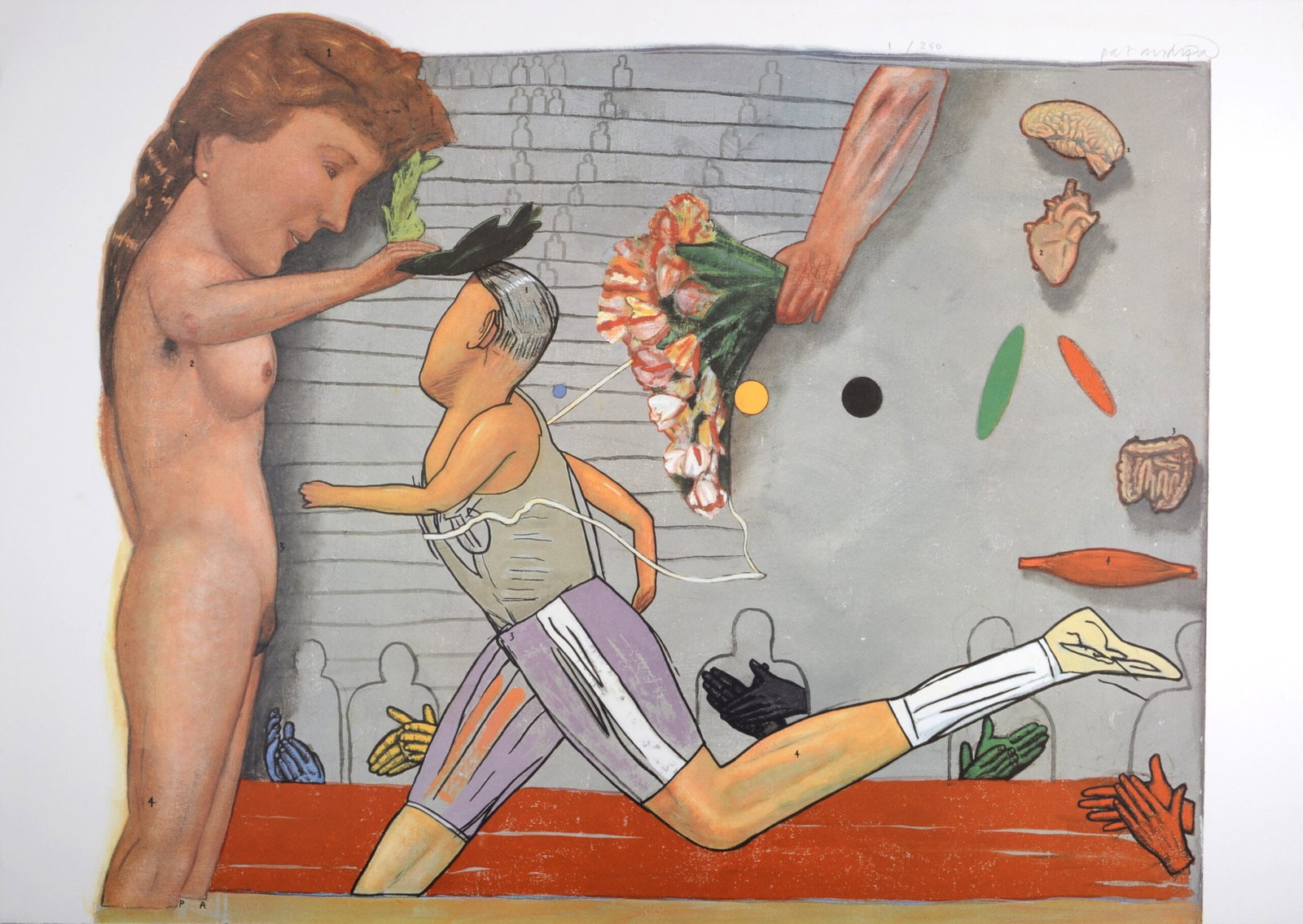 Pat Andrea : Tribute to the Runner, 1992 - Hand-signed: Pat Andrea (1942-) Tribute to the Runner, 1992. Large lithograph in colors on Arches paper. Hand-signed and hand-numbered 1/250 at the upper right of the image. With the Olympic blind stamp at the bot