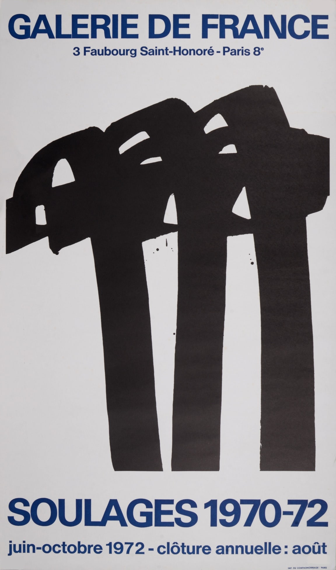 Pierre Soulages : Galerie de France, 1972: Pierre Soulages (1919) Galerie de France, 1972 Offset lithograph poster on paper. Very scarce! Dimensions: + Size of the sheet: 67 x 38 cm / 26,3 x 14,9 in. Published on the occasion of 1972 Pierre So