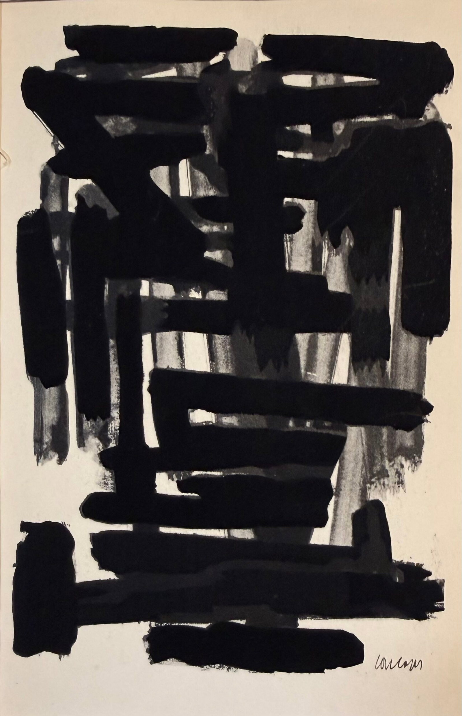 Soulages (After) - Gouaches et gravures (C), 1957 - Framed!: Pierre Soulages (After) Gouaches et gravures (C), 1957 Jacomet process print (Pochoir) on wove paper, after Pierre Soulages' gouache painting. Framed! Edition of 1500. Signed on the plate lower left m