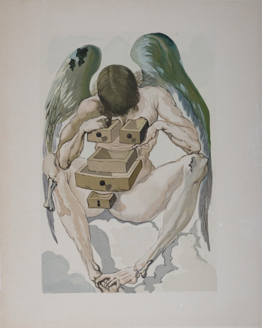Salvador Dali : L'ange dechu: Salvador Dali (1904-1989) L'ange dechu, 1963 Woodcut print on BFK Rives paper. A beautiful print by Salvador Dali! Dimensions: +Size of the sheet: 33 × 26,5 cm (12,9 × 10,4 in.) Issued from the Fren