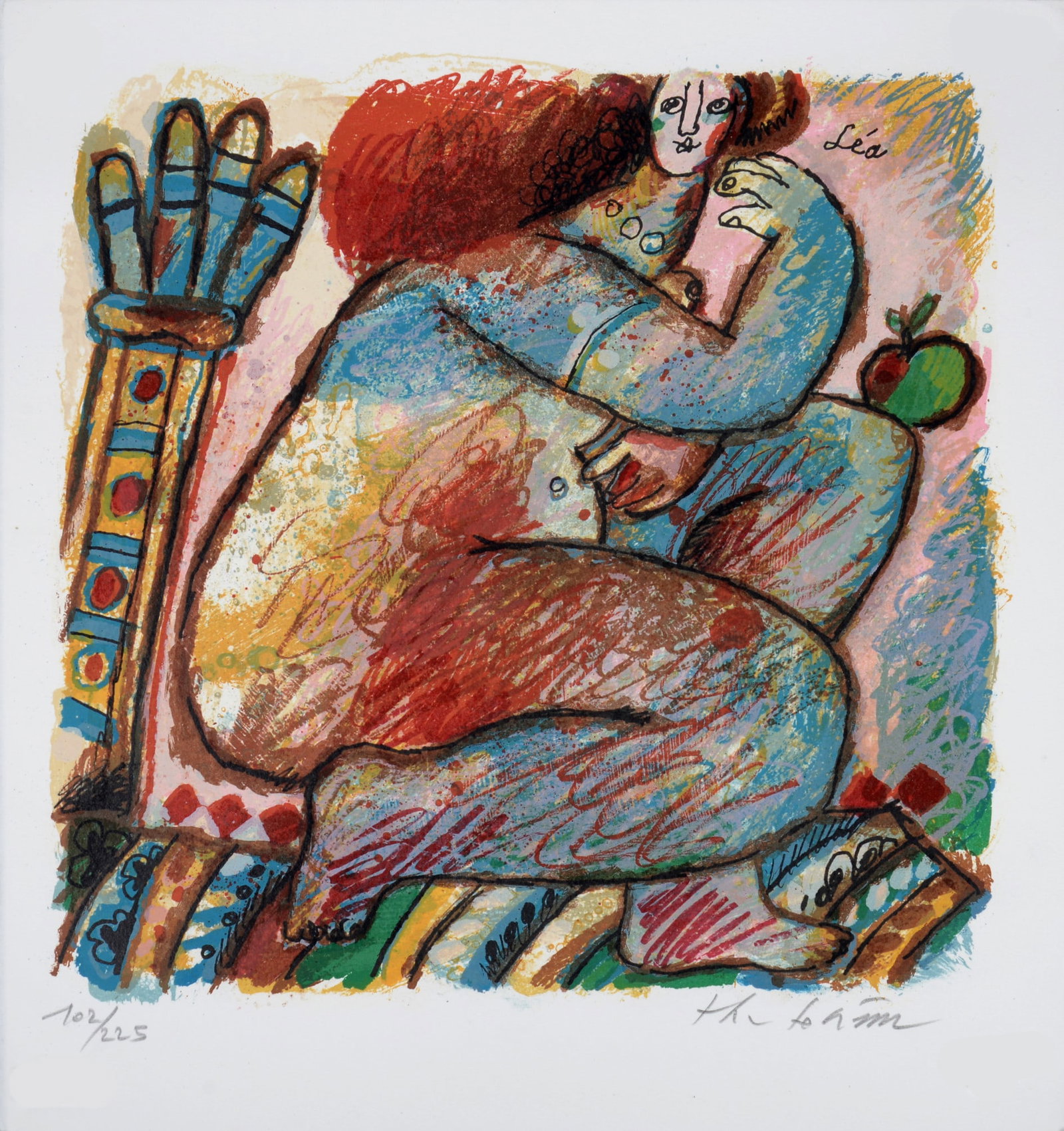 Theo Tobiasse : Lea, 1989 - Hand-signed: Theo Tobiasse (1927-2012) Lea, 1989 Lithograph in colors on Velin paper. Hand-signed in pencil lower right. Hand-numbered in pencil 102/225 lower left. Titled "Lea" in the plate upper right. Dimension