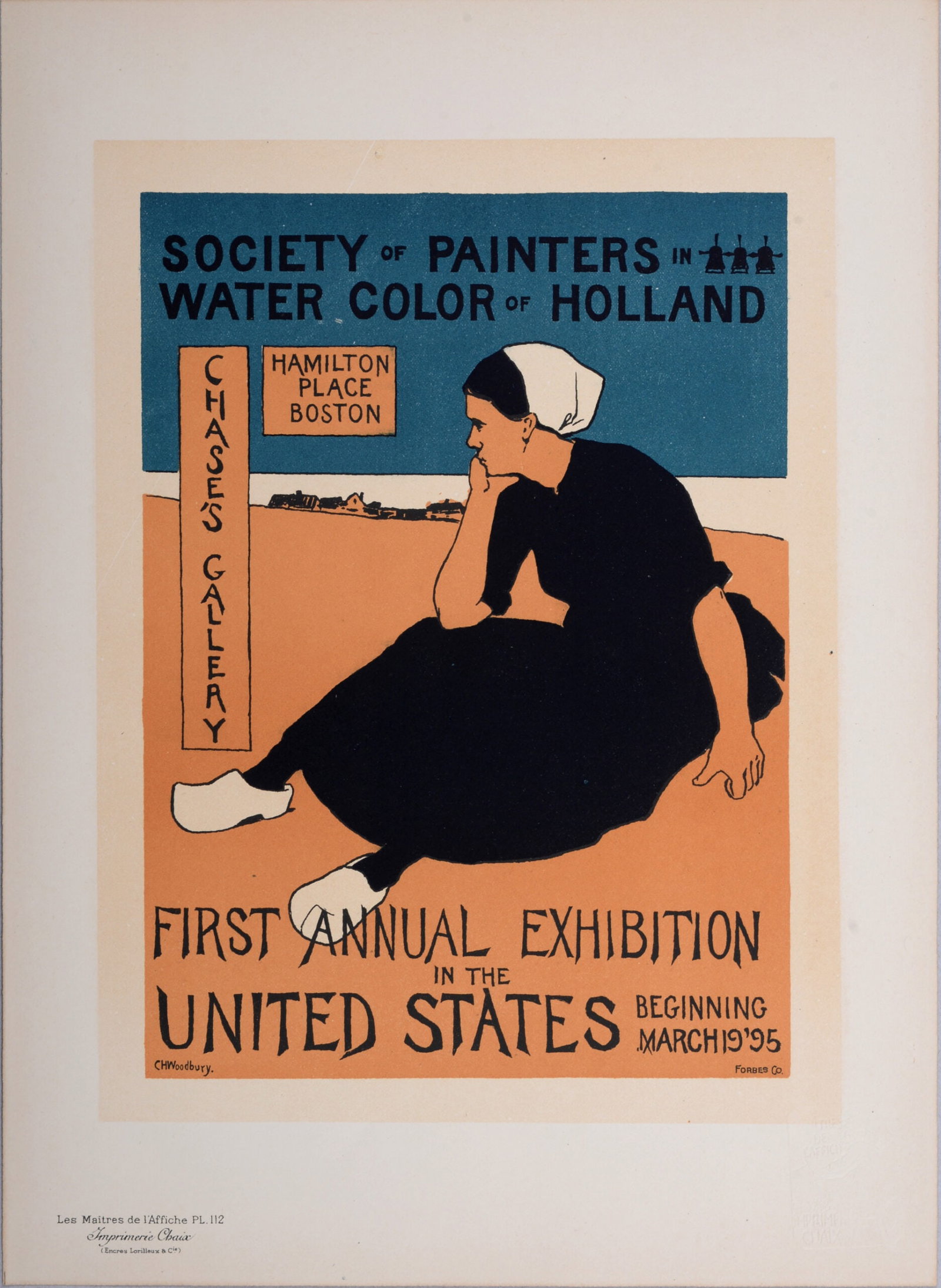 Charles H. Woodbury - Les Maitres de l’Affiche : Society of Painters in Watercolor of Holland: Charles H. Woodbury (1864-1940) Society of Painters in Watercolor of Holland, 1898 Lithograph on wove paper From the renowned series “Les Maitres de l’Affiche” PL. #112. Dimensions: Approxim