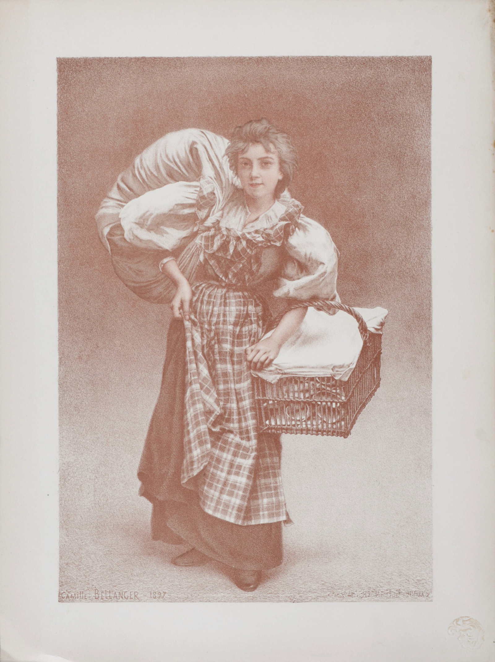 Camille Bellanger : La Blanchisseuse, 1897: Camille Bellanger (1853-1923) La Blanchisseuse, 1897 Lithograph on wove paper. Signed on the plate lower left margin. L'Estampe Moderne's blind stamp on the bottom right corner. Dimensions: +Size of t
