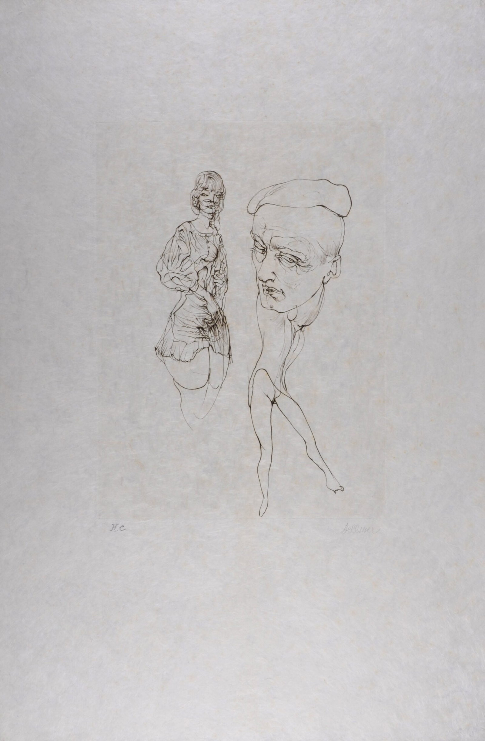 Hans Bellmer : L'Homme a la casquette, 1972 - Hand-signed: Hans Bellmer (1902-1975) L'Homme a la casquette, 1972 Etching (burin) on Japan paper. Hand-signed in pencil lower right margin. Annotated in pencil "HC" ("Hors commerce") lower left. Dimensions: + Siz