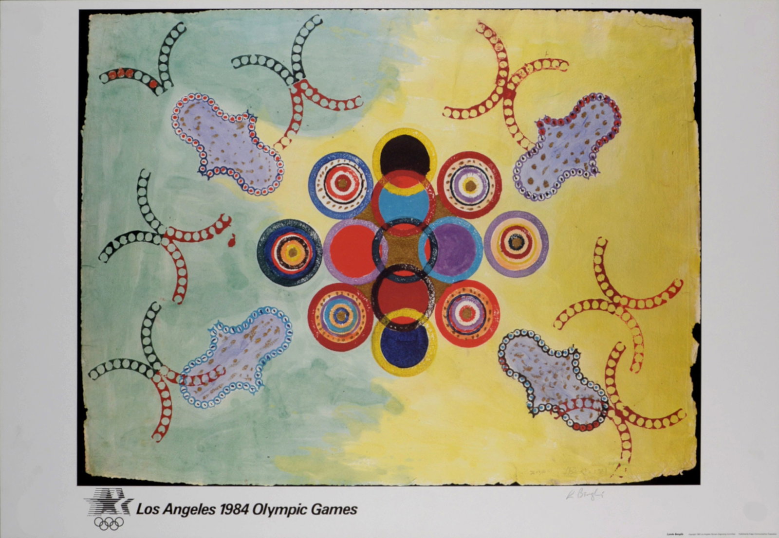 Lynda Benglis : Los Angeles Olympic 1984 - Hand-signed: Lynda Benglis (1941) Los Angeles 1984 Olympic Games, 1982 Large Offset Lithograph poster on Parsons Diploma Parchment. Hand-signed lower right margin. Edition of 750 Dimensions: + Size of the sheet: 6