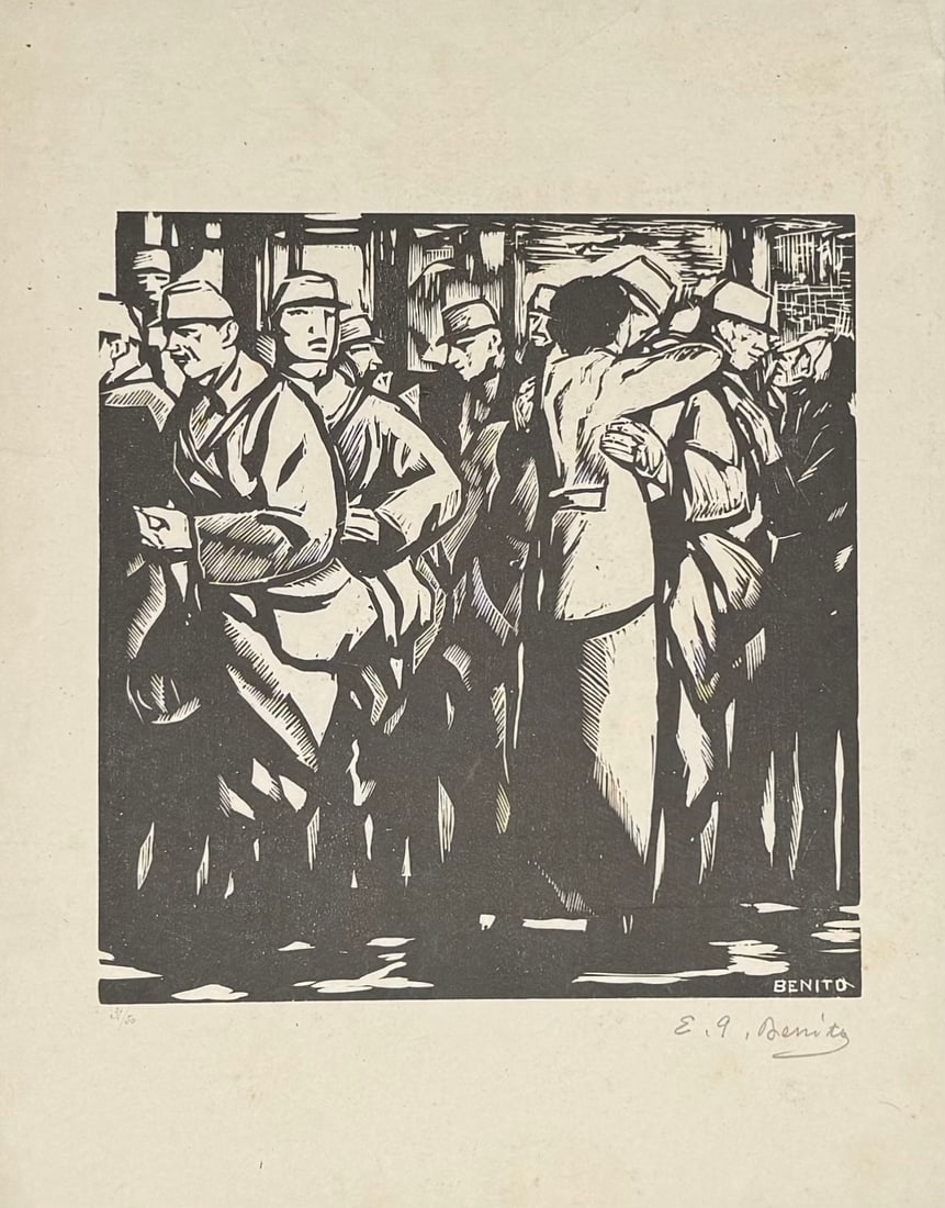 Edouard Benito Le Depart, 1915 (Hand Signed): Edouard Benito Le Depart, 1915 Woodblock on paper. Hand-signed, numbered and titled "Le Depart". From the edition of 50 proofs (25/50). Dimensions: + Size of the sheet : 40 x 31 cm - 15,75 × 12,20 in