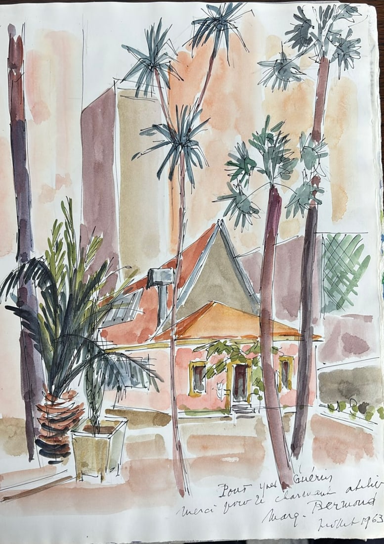 Marie Bernoud : L'Atelier derniere le Palais de la Mediterranee, 1963 (Watercolour): Marie Bernoud L'Atelier derniere le Palais de la Mediterranee, 1963 Watercolour Signed and inscribed by hand: "Merci pour le charmant atelier" Dimensions: Sheet 29.7 × 21 cm (11 ?? × 8 ¼ in.)