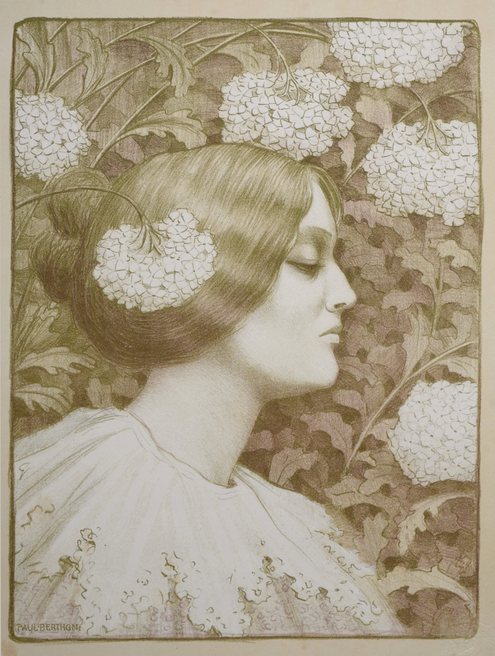 Paul Berthon : Les Maitres de L’Affiche - Woman with Flowers (possibly Sarah Bernhardt), 1900: Paul Berthon (1872-1934) Woman with Flowers (possibly Sarah Bernhardt), 1900 Lithograph on wove paper. Signed on the plate lower right margin. Dimensions : + Size of the sheet : 39,4 x 28,7 cm / 15,5 