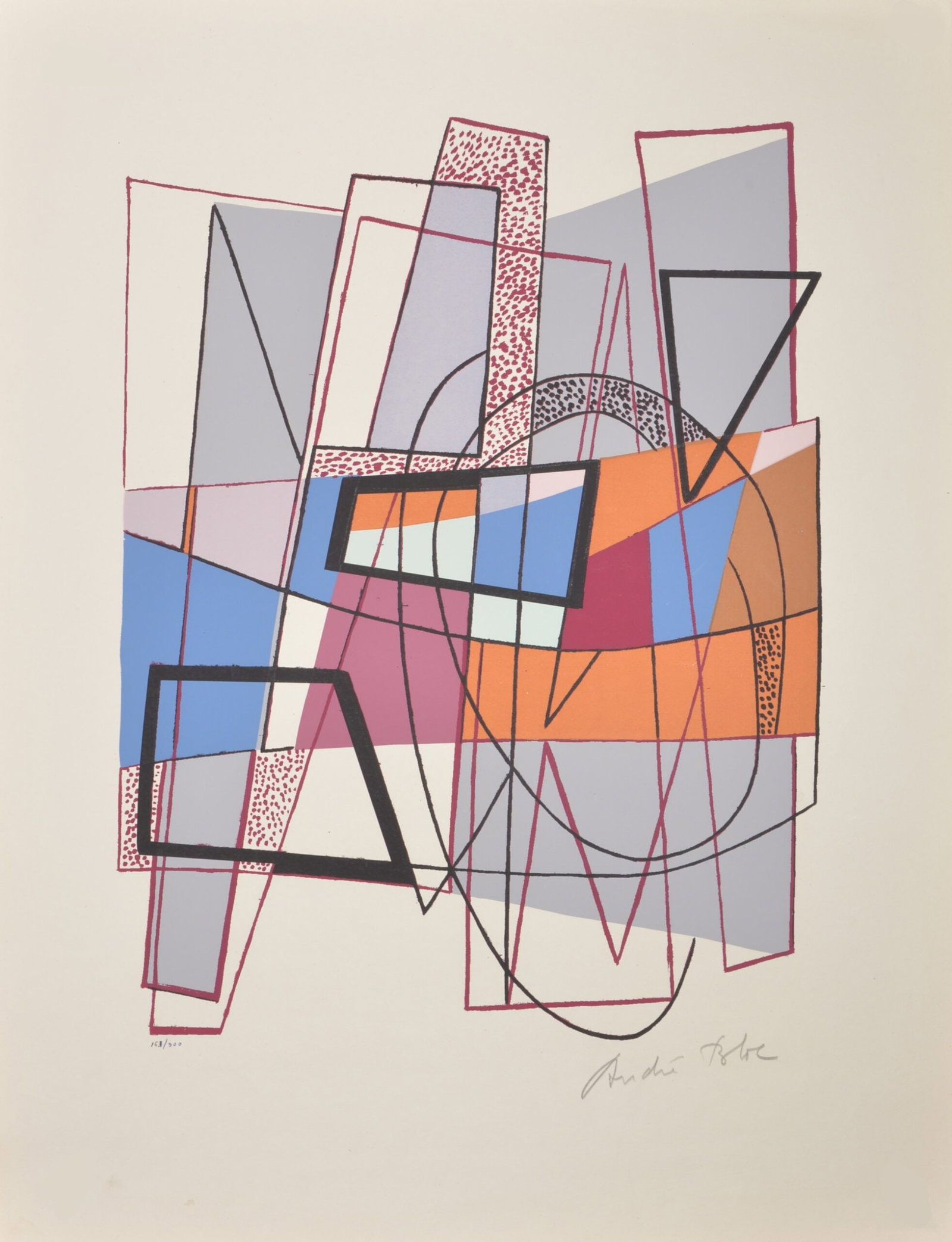 Andre Bloc : Composition, 1954 - Hand-signed: Andre Bloc (1896-1966) Composition, 1954 Silkscreen in colors on strong wove paper. Hand-signed by the artist in pencil at the bottom right and numbered 163/300 at the bottom left. Dimensions: + Size 