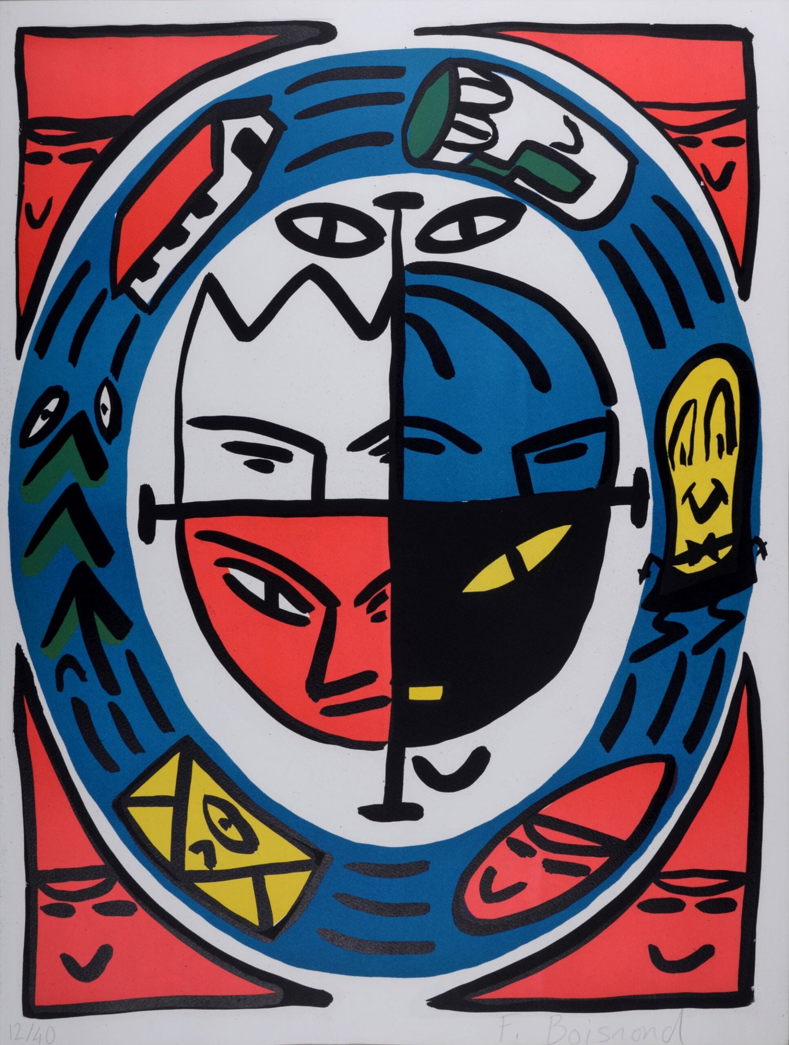 Francois Boisrond : 4 faces, 1984 - Hand-signed: Francois Boisrond (1959-) 4 faces, 1984 Original lithograph on "Arches" paper. Hand-signed lower margin. Numbered 10/40, lower margin. Dimensions : +Size of the sheet: 67 x 53 cm / 26,3 x 20,8 in. +Si