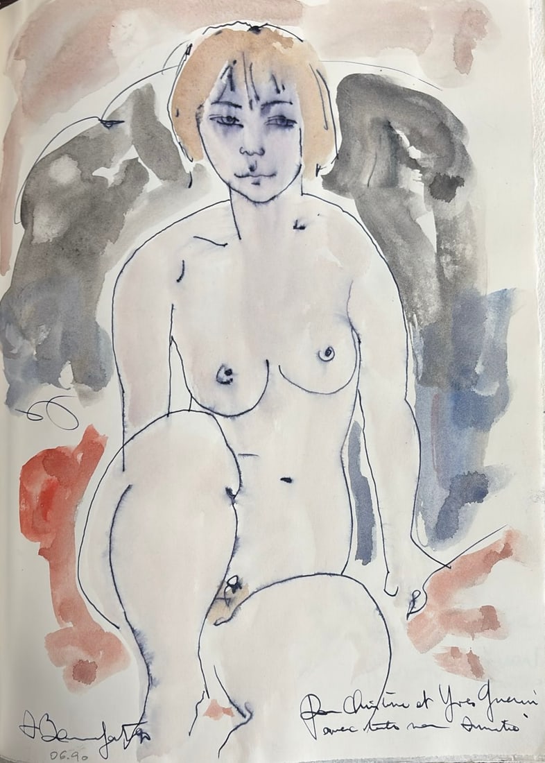 Alain Bonnefoit : Nu (Nude), 1990 (Pen and ink, watercolour): Alain Bonnefoit (b. 1937) Nu (Nude), 990 Pen and ink with watercolour Signed and dated by hand, lower left: "A. Bonnefoit, 06.90"; dedicated lower right: "Pour Christine et Yves Guerin, avec toute mon