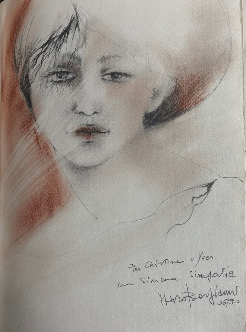 Marco Borgianni : Tete de femme (Head of a Woman), 1990 (Pencil and sanguine): Marco Borgianni (1946–2022) Tete de femme (Head of a Woman), June 1990 Pencil and sanguine Dedicated, signed and dated by hand, lower right: "Per Christine e Yves, con sincera simpatia", signed "Mar