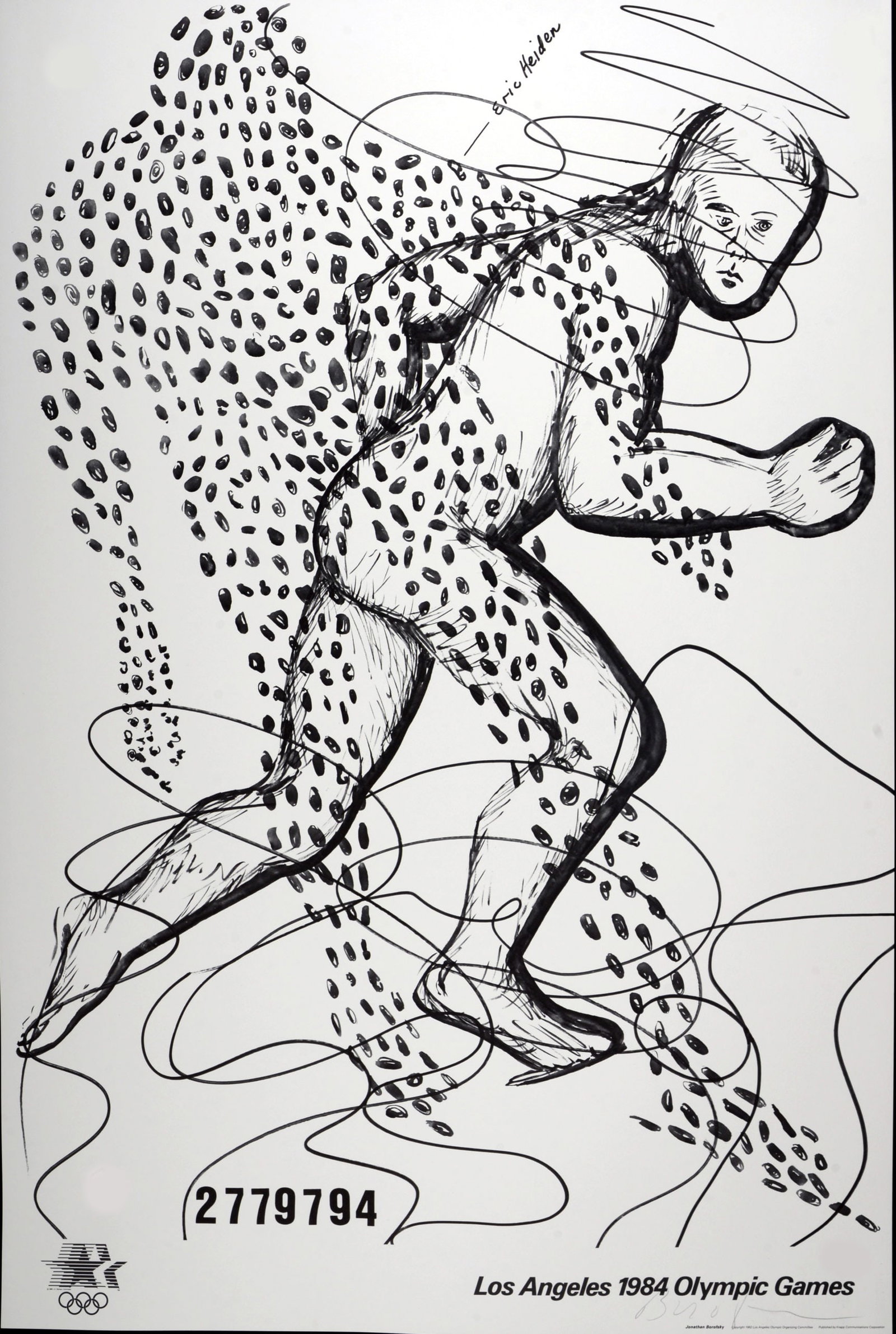 Jonathan Borofsky : Los Angeles Olympic, 1984 - Hand-signed: Jonathan Borofsky (1942-) Los Angeles Olympic 1984 Offset Lithograph on Parsons Diploma Parchment. Hand Signed lower right. Size of the sheet : 91.4 x 61 cm / 36 x 24 in. Edition of 750 Published by K
