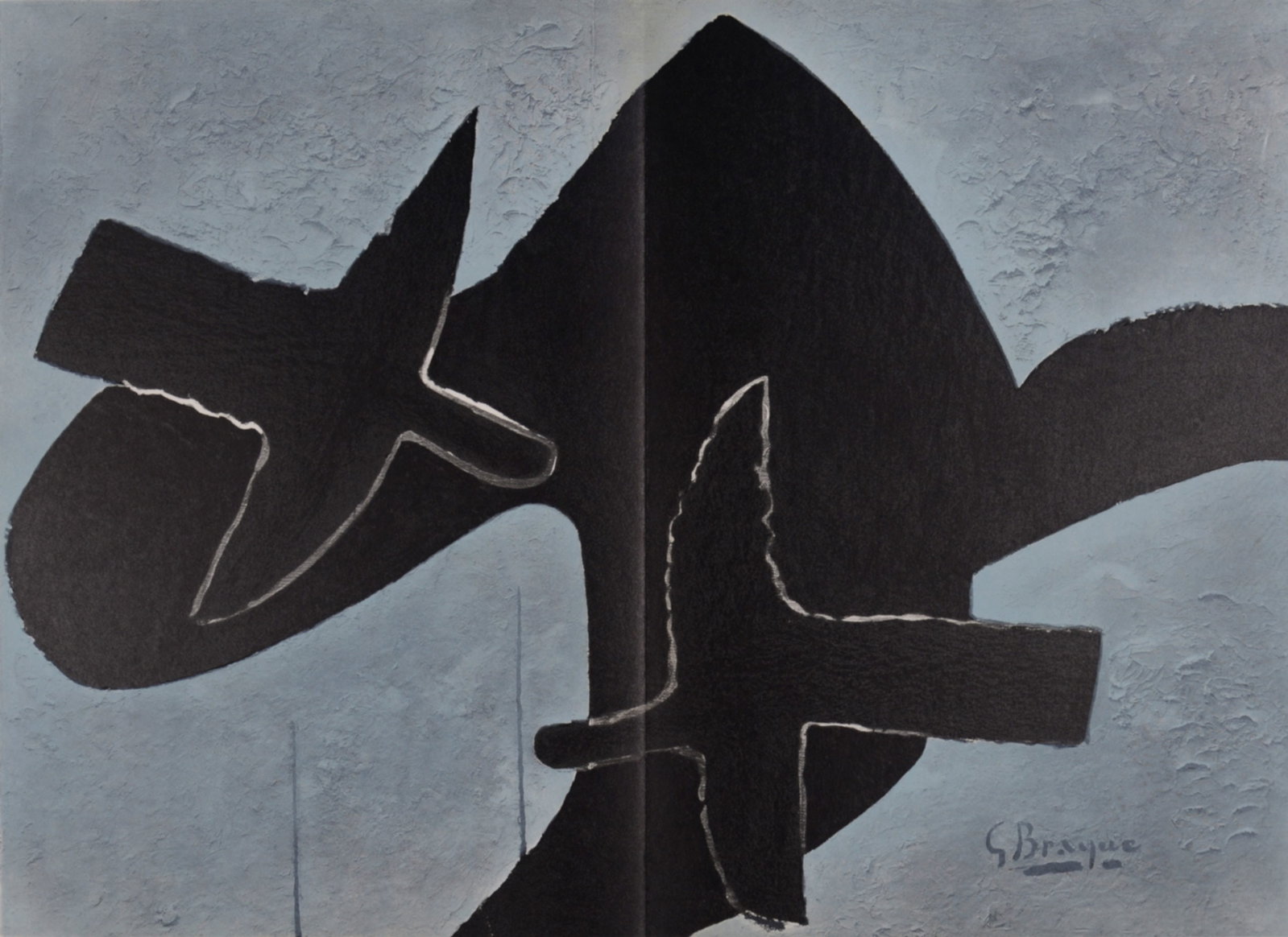 Georges Braque - Oiseaux sur fond noir, 1958: Georges Braque (1882-1963) Oiseaux sur fond noir, 1958 Lithograph on wove paper, printed on double pages. "Oiseaux sur fond noir" by Georges Braque on the recto of the sheet. "Portrait de femme de ple