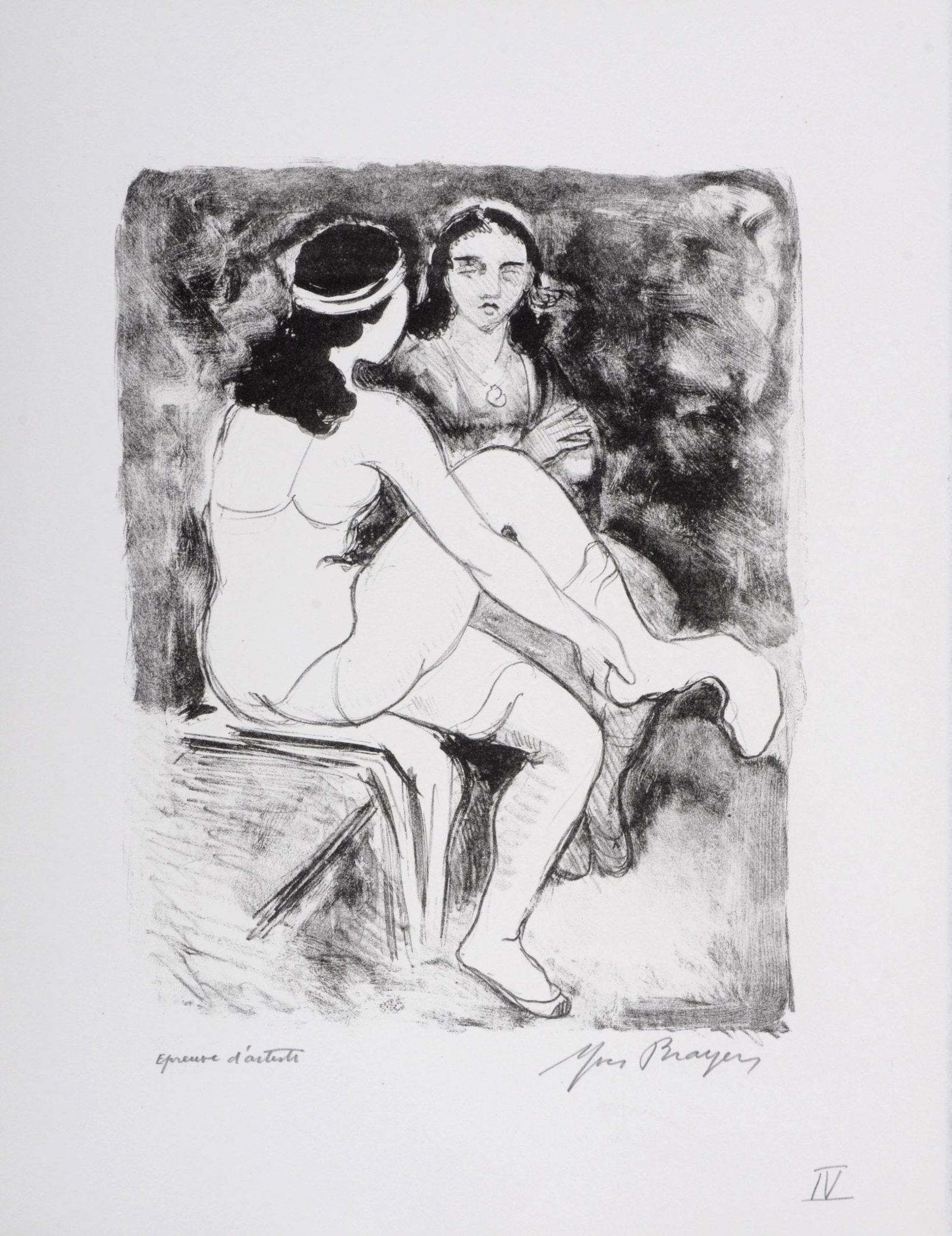 Yves Brayer - Danseuse mettant ses bas #IV, 1949: Yves Brayer (1907-1990) Danseuse mettant ses bas #IV, 1949 Lithograph in colors on BFK Rives paper. Hand-signed in pencil lower right margin. Annotated in pencil "Epreuve d'artiste" (Artist's proof) l