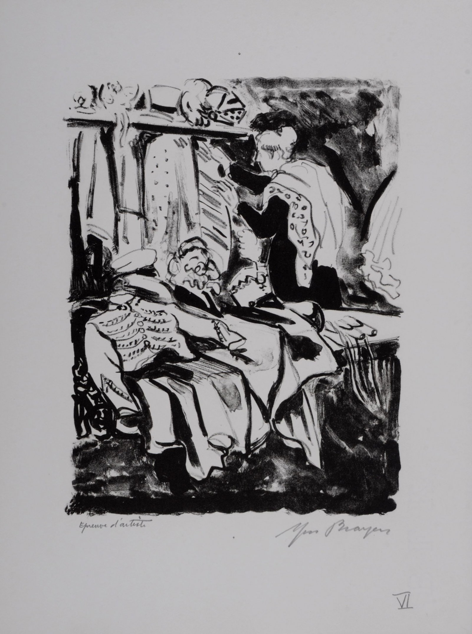 Yves Brayer - L'Atelier de costumes #VI , 1949: Yves Brayer (1907-1990) L'Atelier de costumes #VI , 1949 Lithograph in colors on BFK Rives paper. Hand-signed in pencil lower right margin. Annotated in pencil "Epreuve d'artiste" (Artist's proof) low