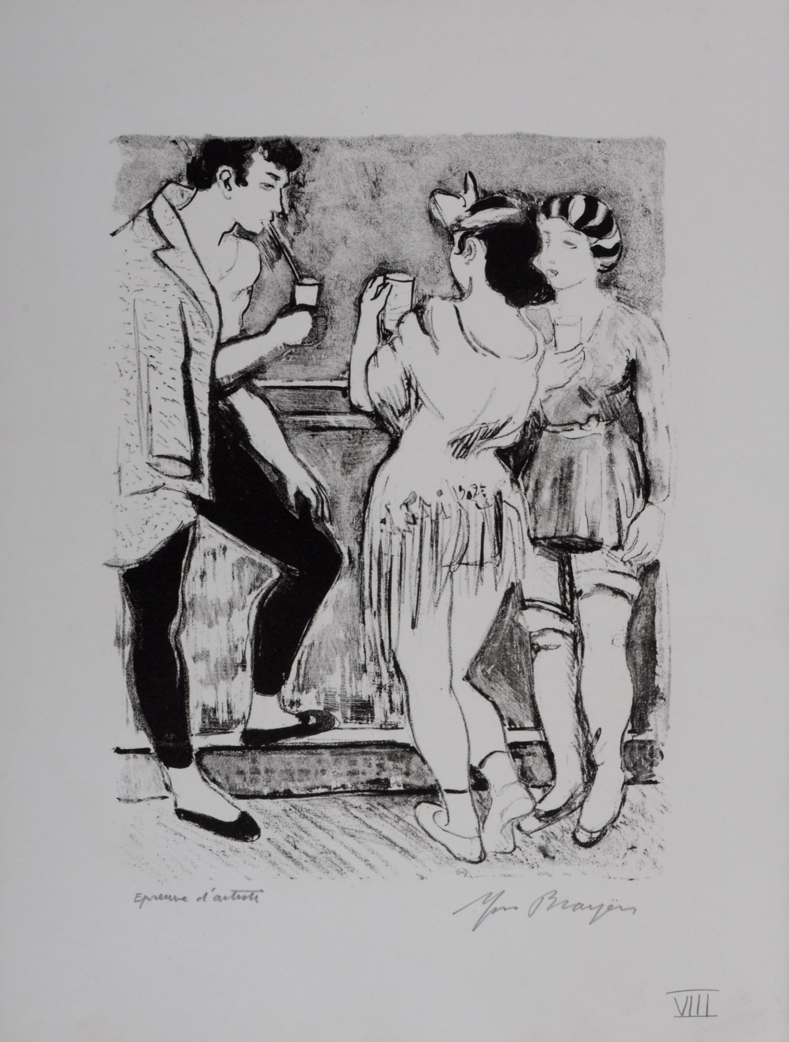 Yves Brayer - Le bar des artistes #VIII, 1949: Yves Brayer (1907-1990) Le bar des artistes #VIII, 1949 Lithograph in colors on BFK Rives paper. Hand-signed in pencil lower right margin. Annotated in pencil "Epreuve d'artiste" (Artist's proof) lowe