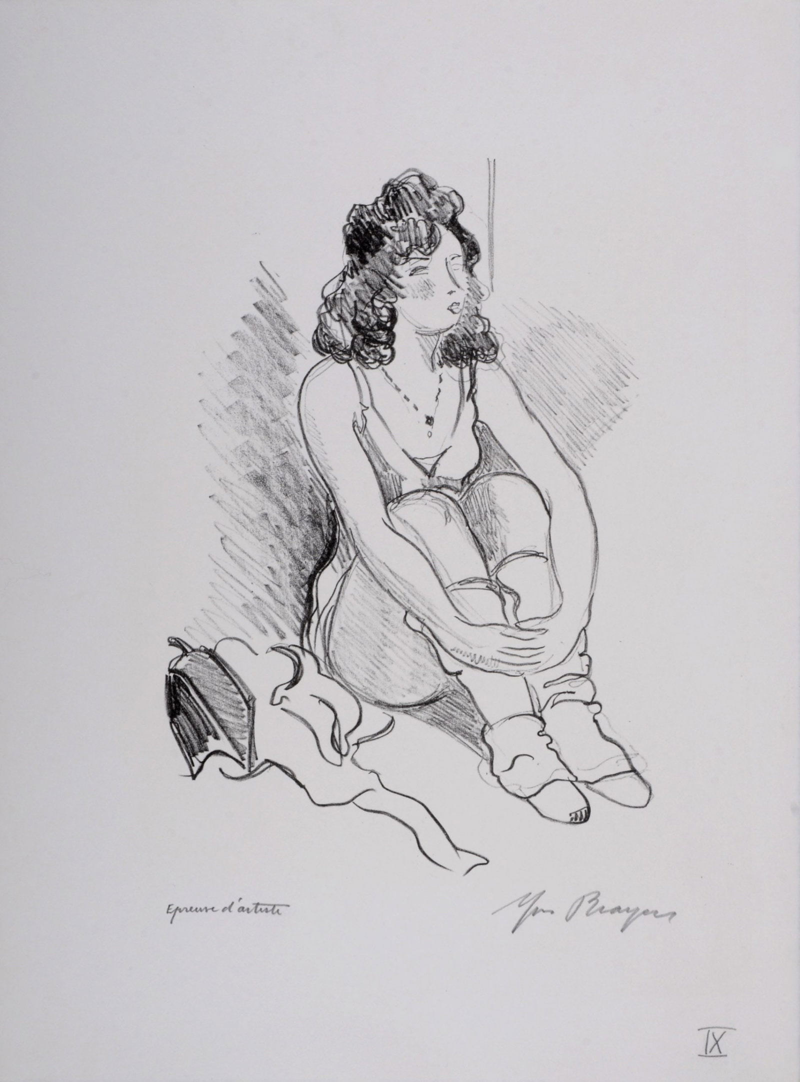 Yves Brayer - Zizi Jeanmaire assise #IX, 1949: Yves Brayer (1907-1990) Zizi Jeanmaire assise #IX, 1949 Lithograph in colors on BFK Rives paper. Hand-signed in pencil lower right margin. Annotated in pencil "Epreuve d'artiste" (Artist's proof) lowe