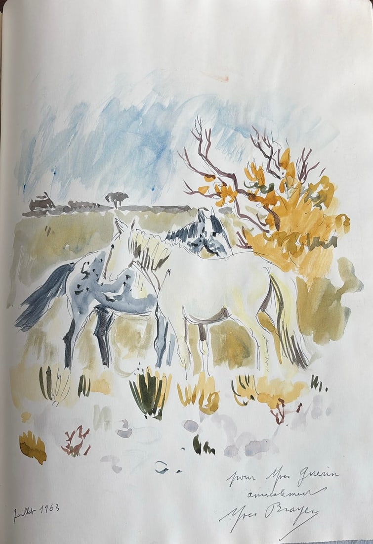 Yves Brayer : Chevaux en Camargue, 1963 (Watercolour): Yves Brayer (1907–1990) Chevaux en Camargue, 1963 Watercolour Signed and inscribed by hand: "Pour Yves Guerin amicalement" Dimensions: Sheet 29.7 × 21 cm (11 ?? × 8 ¼ in.) Note: A catalogue