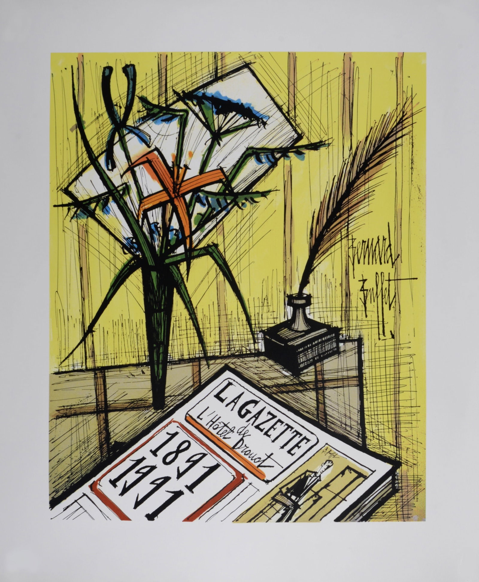 Bernard Buffet : La Gazette de l'Hotel Drouot, 1991: Bernard Buffet (1928-1999) La Gazette de l'Hotel Drouot, 1991 Lithograph in colors on Velin paper. Dimensions : + Size of the sheet : 63 x 52 cm / 24,8 × 20,5 in + Size of the image : 50 x 40 cm / 19