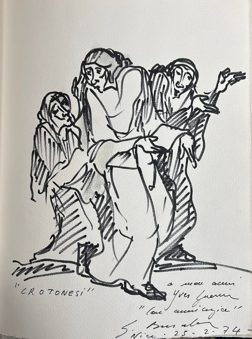 Gualtiero Busato : Crotonesi (Women of Crotone), 1974 (Felt-tip pen): Gualtiero Busato (1941–2025) Crotonesi (Women of Crotone), Nice, 25 February 1974 Felt-tip pen Titled lower left "« CROTONESI »"; dedicated, signed and dated by hand, lower right: "a mon ami Yves 