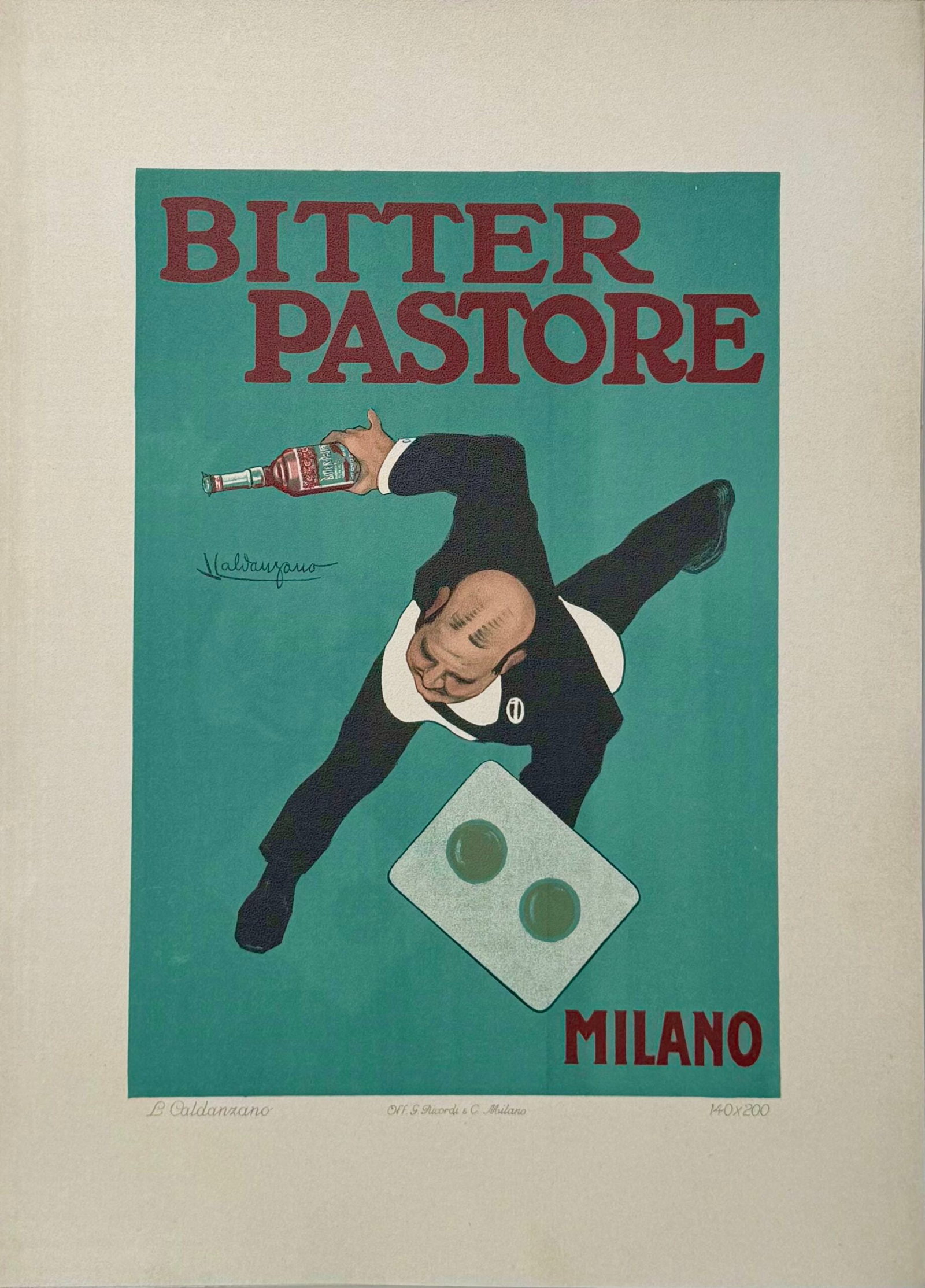 Luigi Caldanzano - Bitter Pastore, 1914: Luigi Caldanzano (1880-1928) Bitter Pastore, 1914 Lithograph on thick paper. Scarce lithograph from the iconic portfolio Ricordi! Dimensions: +Size of the sheet: 36 x 26 cm / 14.17 × 10.24 in. Printe
