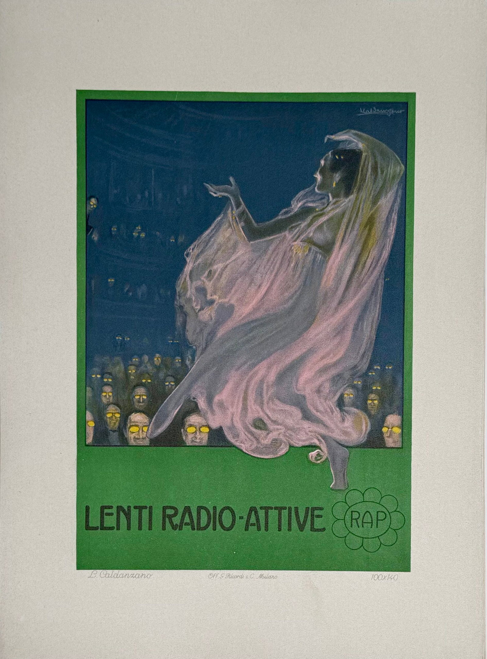 Luigi Caldanzano - Lenti Radio-attive, 1914 (Ricordi Poster Portfolio): Luigi Caldanzano Lenti Radio-attive, 1914 Lithograph on thick paper. Scarce lithograph from the iconic portfolio Ricordi! Dimensions: +Size of the sheet: 36 x 26 cm / 14.17 × 10.24 in. Printed in 191