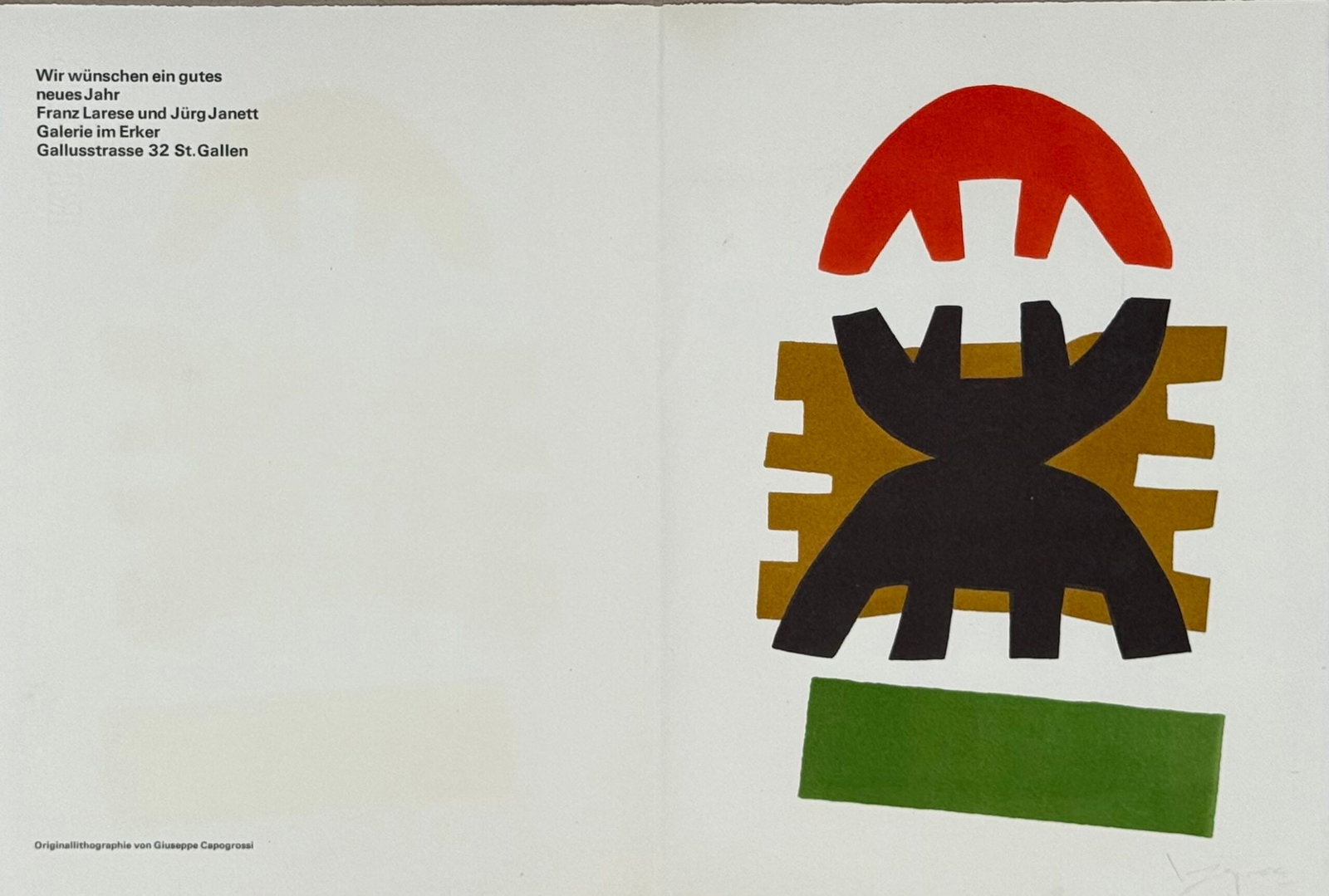Giuseppe Capogrossi : Neujahrskarte der Erker-Galerie, 1971 - Hand-signed: Giuseppe Capogrossi (1900-1972) eujahrskarte der Galerie im Erker — New Year's card of the Galerie im Erker, 1971 Original colour lithograph on paper, published as the New Year's greeting card of th