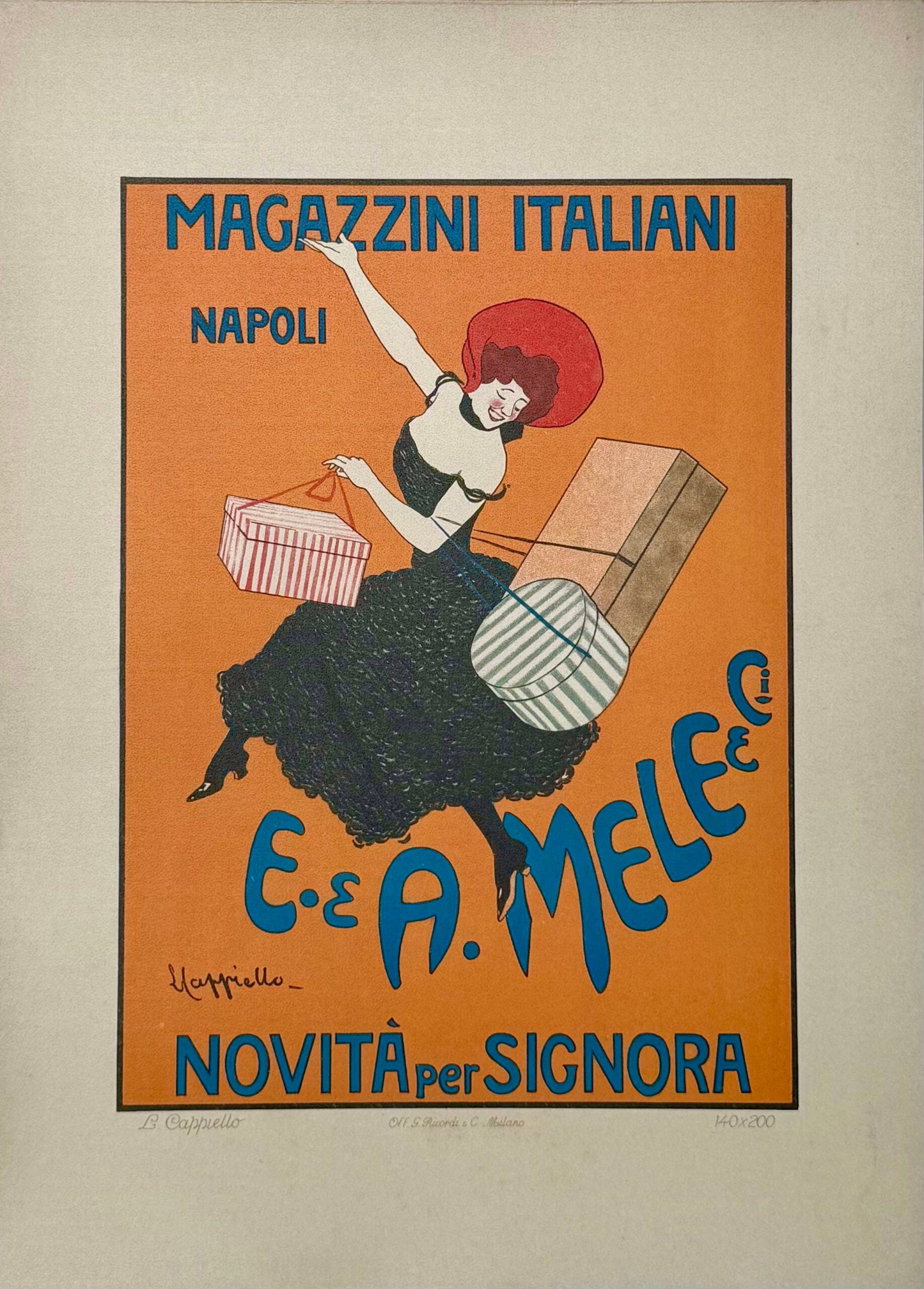 Leonetto Cappiello - Melle, 1914: Leonetto Cappiello Melle, 1914 Lithograph on thick paper. Scarce lithograph from the iconic portfolio Ricordi! Dimensions: +Size of the sheet: 36 x 26 cm / 14.17 × 10.24 in. Printed in 1914 by Ricord