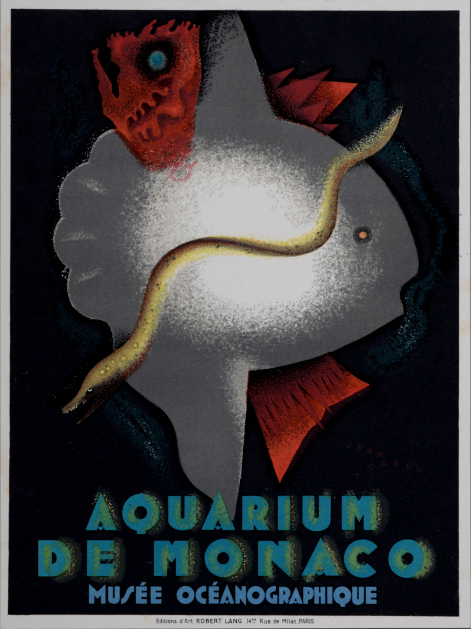 Jean Carlu, Aquarium de Monaco — Musee Oceanographique, 1928: Jean Carlu, Aquarium de Monaco — Musee Oceanographique, 1928 Small original lithograph poster in colours on paper. Printed by Robert Lang, Paris. Signed in the plate, lower right margin. Not numbere