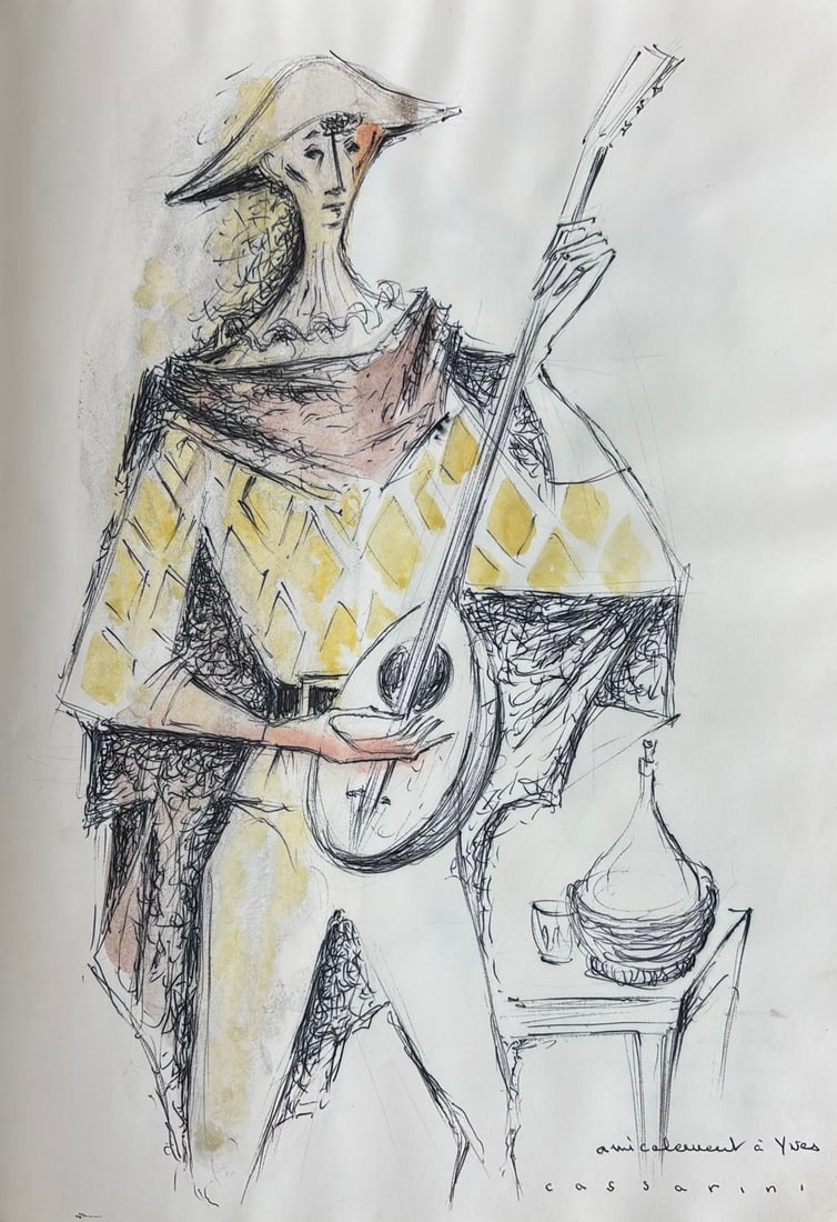 Jean Cassarini : Arlequin et Mandoline, c. 1965 (Watercolour): Jean Cassarini (1910 – 2005) Arlequin et Mandoline, c. 1965 Watercolour Signed and inscribed by hand: "Amicalement a Yves" Dimensions: Sheet 29.7 × 21 cm (11 ?? × 8 ¼ in.) Provenance: Livre