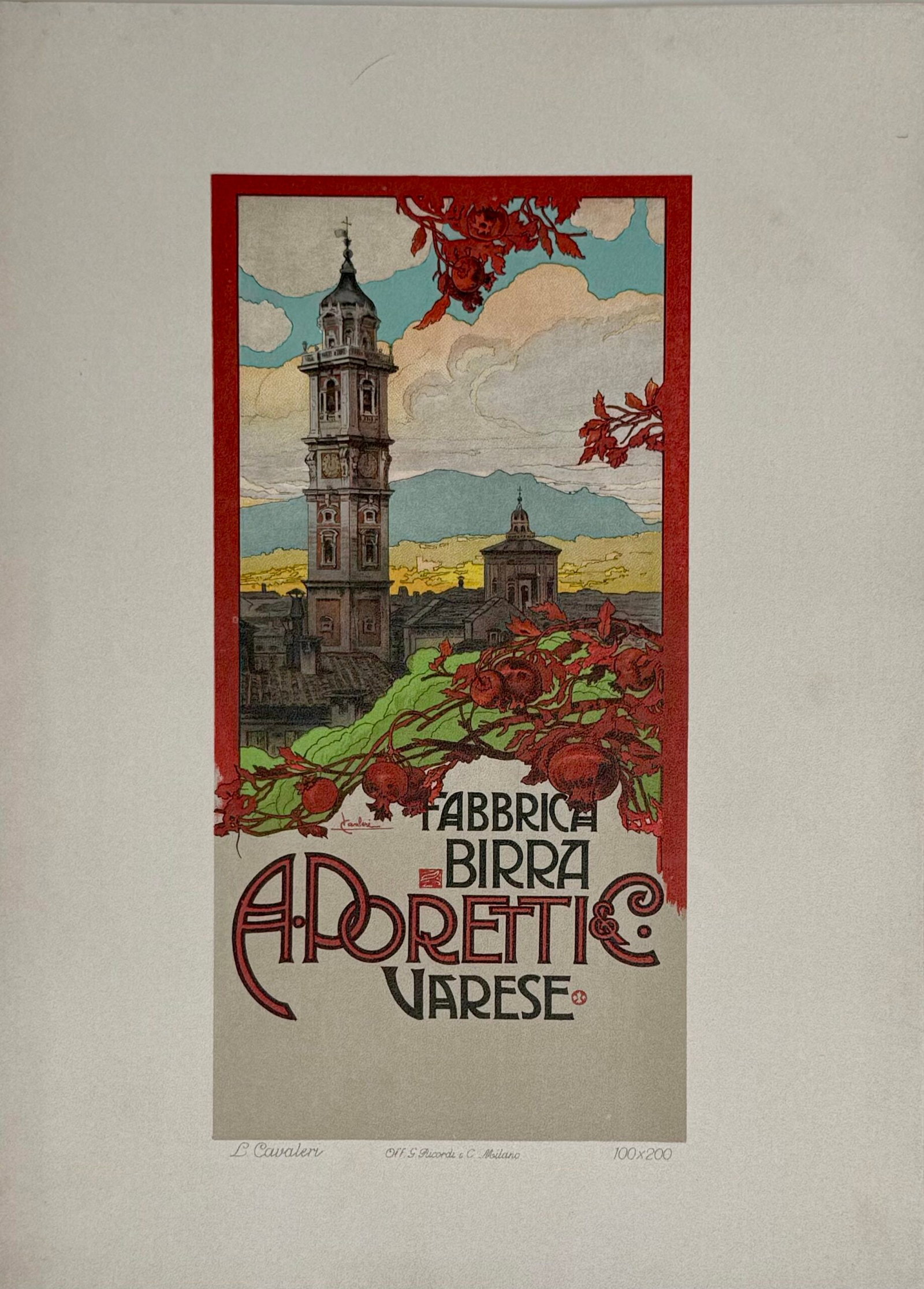 Ludovico Cavaleri - Fabbrica Birra A. Poretti & C. Varese, 1914 (Ricordi Portfolio): Ludovico Cavaleri (1867-1942) Fabbrica Birra A. Poretti & C. Varese, 1914 Lithograph on thick paper, tipped-in on paper. Scarce lithograph from the iconic portfolio Ricordi! Dimensions: Size of the sh