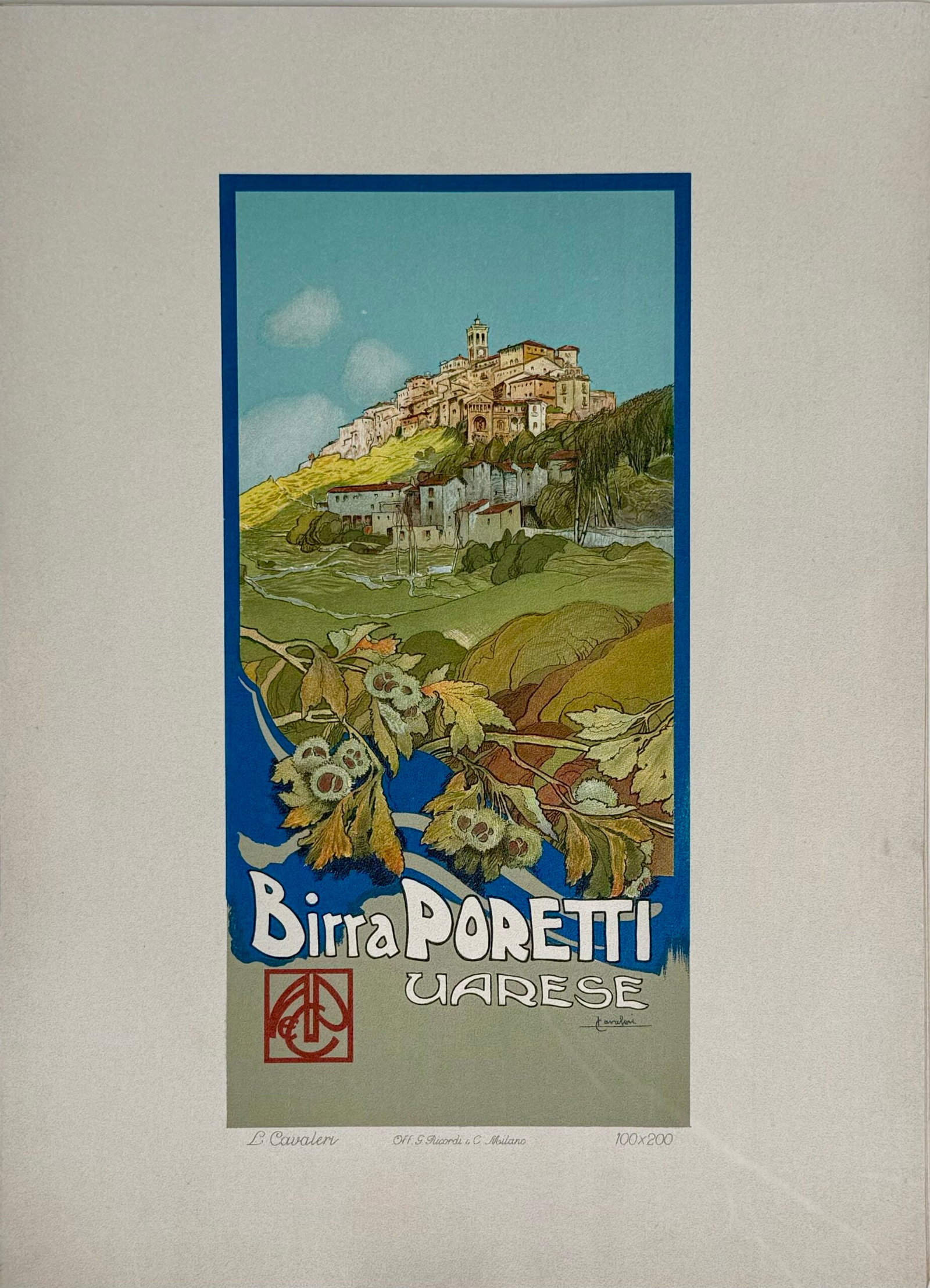 Ludovico Cavaleri - Birra A. Poretti & C. Varese, 1914 (Ricordi Portfolio): Ludovico Cavaleri Birra A. Poretti & C. Varese, 1914 Lithograph on thick paper, tipped-in on paper. Scarce lithograph from the iconic portfolio Ricordi! Dimensions: Size of the sheet: 36 x 26 cm / 14,