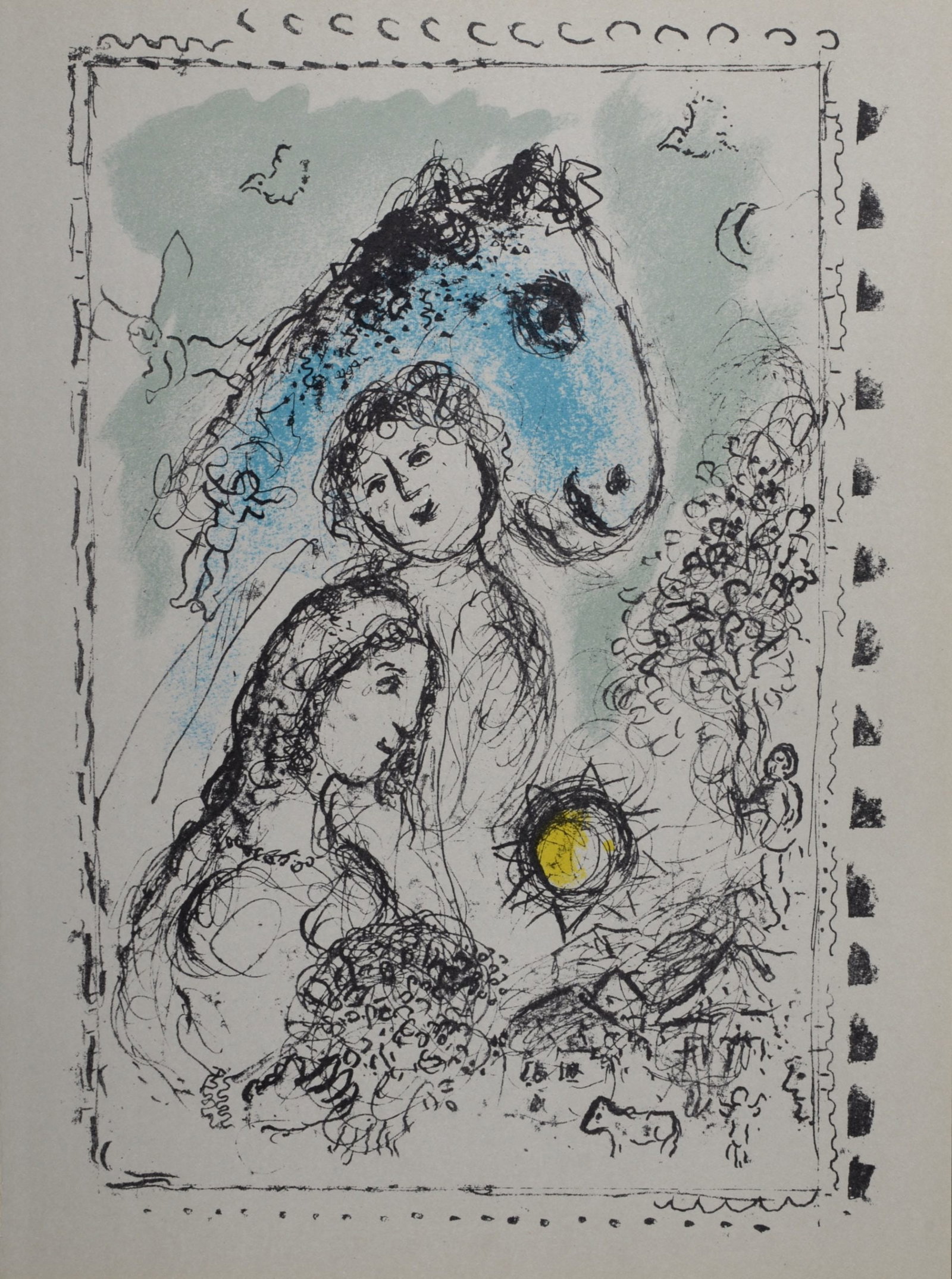 Marc Chagall : Cheval bleu au couple, 1982: Marc Chagall (1887-1985) Cheval bleu au couple, 1982 Original lithograph on wove paper. Unsigned. Dimensions : + Size of the sheet : 38 x 27,8 cm / 14,9 x 11 in. From "Derriere Le Miroir" issue n° 25