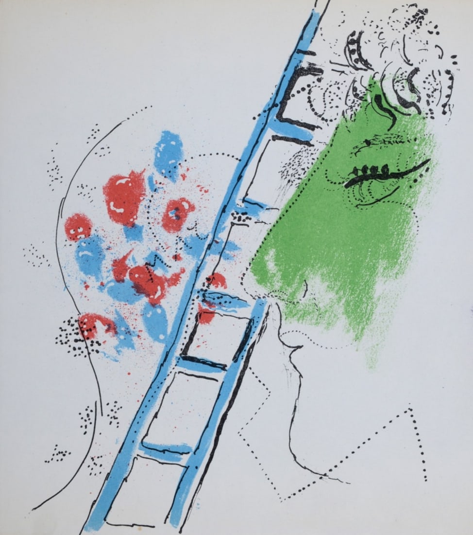 Marc Chagall (1887-1985) : L'echelle, 1957: Marc Chagall (1887-1985) L'echelle, 1957 Lithograph in colors on wove paper. Dimensions: + Size of the sheet: 23 x 20 cm / 9,1 × 7,9 in. From "Chagall" by Jacques Lassaigne published by Maeght in 195