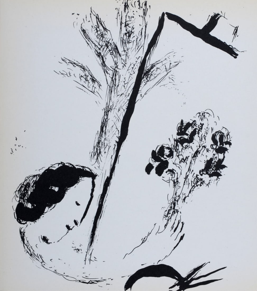 Marc Chagall (1887-1985) : Le bouquet a la main, 1957: Marc Chagall (1887-1985) Le bouquet a la main, 1957 Lithograph on wove paper. Dimensions: + Size of the sheet: 23 x 20 cm / 9,1 × 7,9 in. From "Chagall" by Jacques Lassaigne published by Maeght in 19