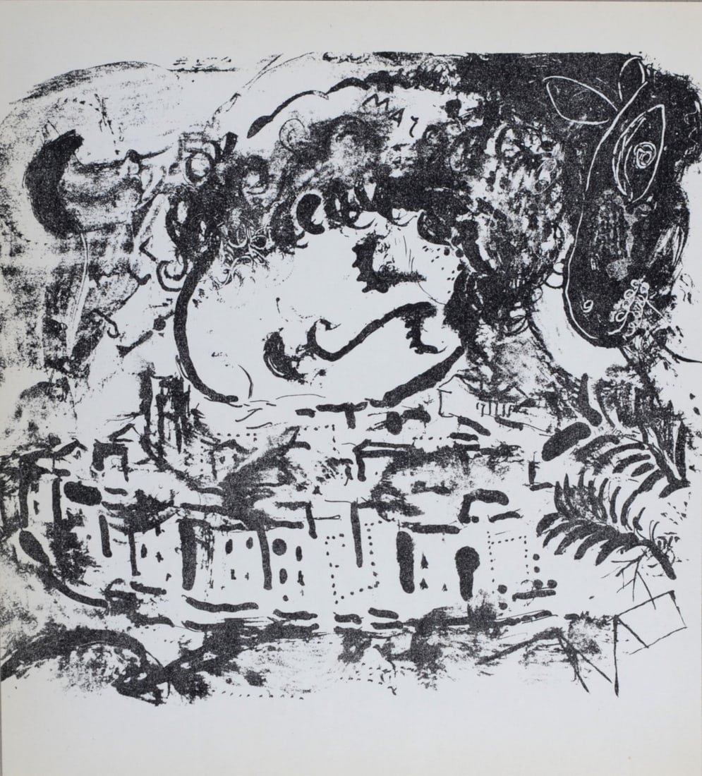 Marc Chagall (1887-1985) : Le Village, Auto-portrait, 1957: Marc Chagall (1887-1985) Le Village, Auto-portrait, 1957 Lithograph on wove paper. Dimensions: + Size of the sheet: 23 x 20 cm / 9,1 × 7,9 in. From "Chagall" by Jacques Lassaigne published by Maeght 