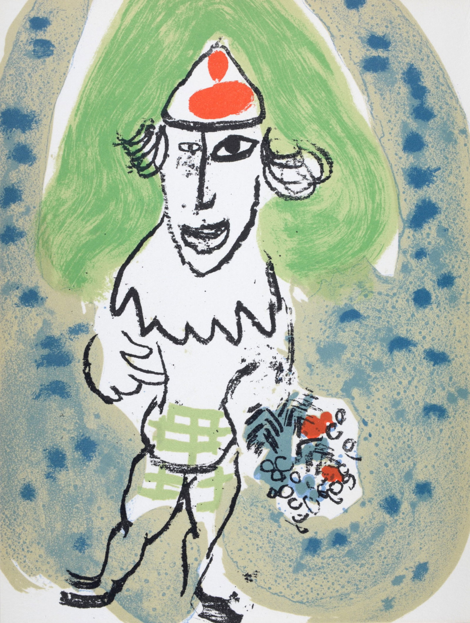 Marc Chagall : Le clown vert avec bouquet de fleurs, 1966: Marc Chagall (1887-1985) Le clown vert avec bouquet de fleurs, 1966 Original lithograph in colors on wove paper Dimensions : + Size of the sheet : 25,5 x 19 cm / 10 × 7,5 in Lithograph specially crea