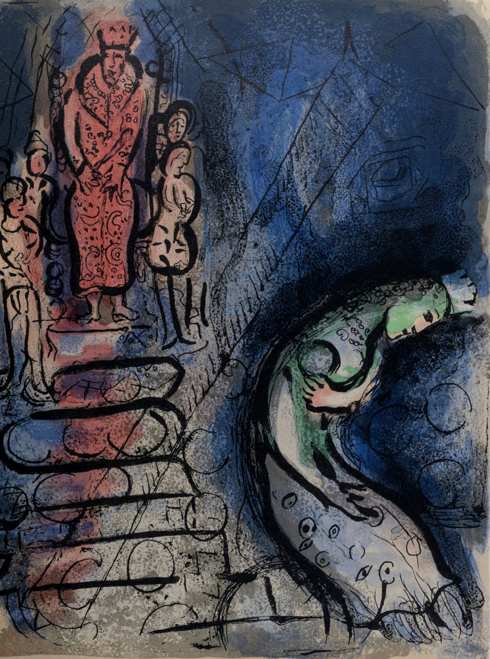 Marc Chagall : Assuerus chasse Vasthi, 1960: Marc Chagall (1887-1985) Assuerus chasse Vasthi, 1960 Lithograph on wove paper. Dimensions: + Size of the sheet: 35,5 x 26 cm / 13,9 x 10,2 in. From "Verve" issue (vol. X, n°37 et 38), published unde