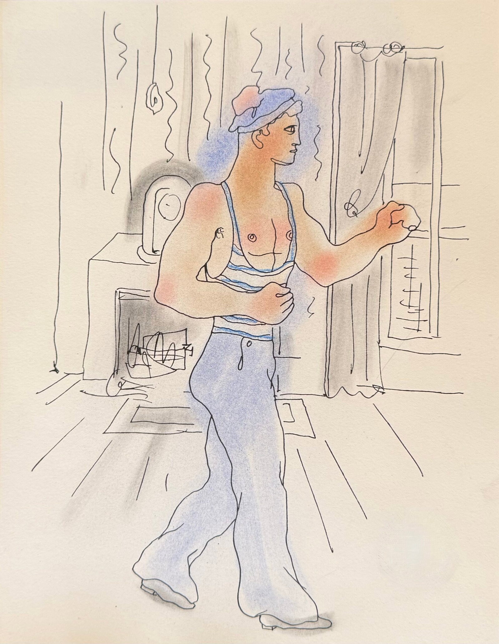 Jean COCTEAU : White Book (sailor in an interior), 1930 (Lithograph with hand-applied colour): Jean Cocteau (1889-1963) White Book (sailor in an interior), 1930 Lithograph with hand-applied colour (pochoir) on velin d'Arches. Unsigned and unnumbered, as issued; from copy no. 206, one of 380 on 