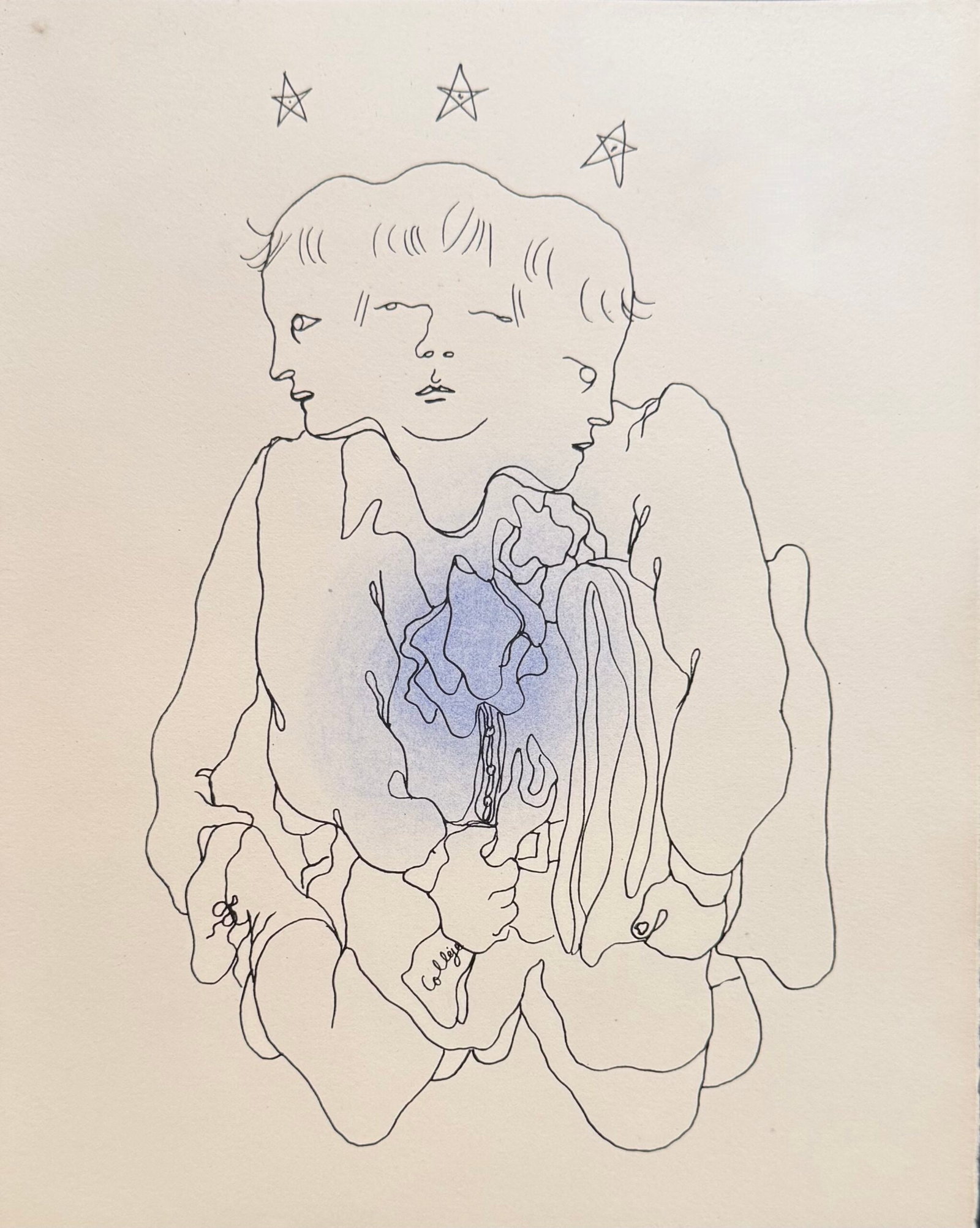 Jean COCTEAU : White Book (the boy with three faces beneath three stars), 1930 (Lithograph with: Jean Cocteau (1889-1963) White Book (the boy with three faces beneath three stars), 1930 Lithograph with hand-applied colour (pochoir) on velin d'Arches. Unsigned and unnumbered, as issued; inscribed 