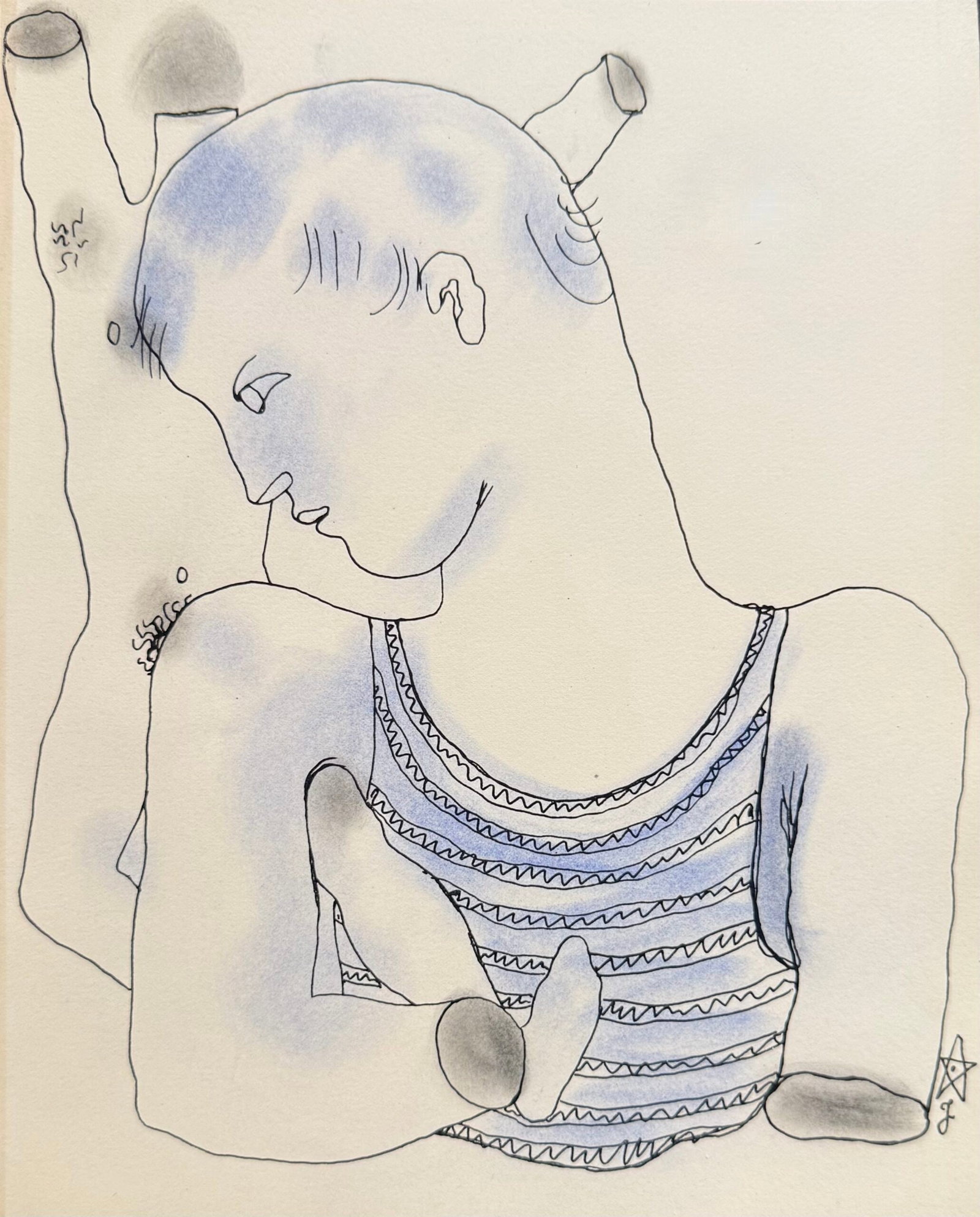 Jean COCTEAU : White Book (youth in a striped singlet), 1930 (signed) (Lithograph with hand-applied: Jean Cocteau (1889-1963) White Book (youth in a striped singlet), 1930 Lithograph with hand-applied colour (pochoir) on velin d'Arches. Signed in the plate lower right with the star monogram and "J"; 