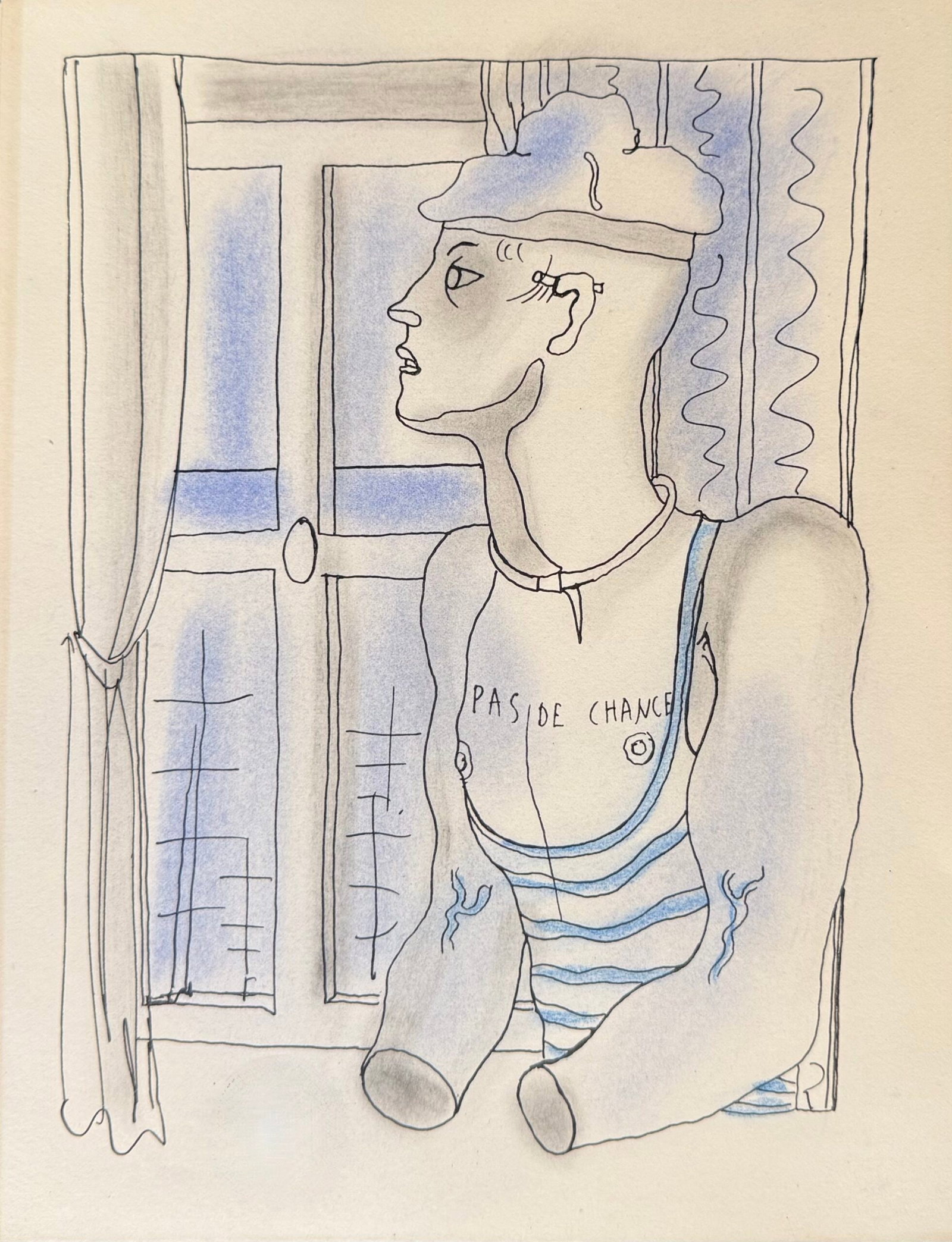 Jean COCTEAU : White Book (the sailor Pas de chance at the window), 1930 (Lithograph with: Jean Cocteau (1889-1963) White Book (the sailor « Pas de chance » at the window), 1930 Lithograph with hand-applied colour (pochoir) on velin d'Arches. Unsigned and unnumbered, as issued; inscribed 